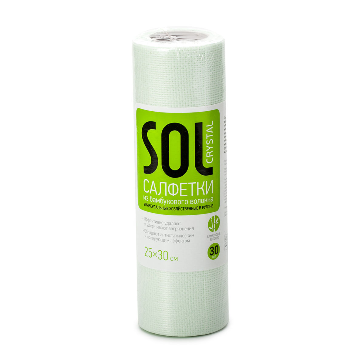 Салфетка для уборки Sol Crystal, в рулоне, 25 x 30 см, 30 шт98299571 Салфетка для уборки Sol Crystal, в рулоне, 25 x 30 см, 30 шт98299571Универсальные хозяйственные салфетки в рулоне Sol Crystal - это удобное решение для любых типов уборки. Изделие выполнено из бамбукового волокна, полиэстера и вискозы. Салфетки обладают полирующим и антистатическим эффектом. Подходят для сухой и влажной уборки, быстро и эффективно впитывают жидкость, не оставляя ворса и разводов на поверхности. Они очень удобны в использовании - легко отрываются от рулона по линии перфорации и могут быть использованы многократно.