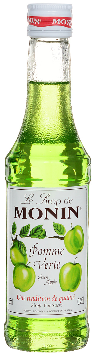 Monin Зеленое яблоко сироп, 0.25 л0120710 Monin Зеленое яблоко сироп, 0.25 л0120710Зеленые яблоки имеют светло-зеленый цвет, хотя у некоторых может быть розовый румянец. Хрустящие, сочные, сладкие яблоки, которые превосходны для приготовления пищи и употребления в сыром виде попали в сироп Monin Зеленое яблоко. Этот сироп имеет запах свежесрезанных яблок Granny Smith, а также терпкий, сладкий и сочный вкус зеленого яблока. Он отлично совмещается с газированными напитками, лимонадами, коктейлями, фруктовыми пуншами и чаем.Сиропы Monin выпускает одноименная французская марка, которая известна как лидирующий производитель алкогольных и безалкогольных сиропов в мире. В 1912 году во французском городке Бурже девятнадцатилетний предприниматель Джордж Монин основал собственную компанию, которая специализировалась на производстве вин, ликеров и сиропов. Место для завода было выбрано не случайно: город Бурже находился в непосредственной близости от крупных сельскохозяйственных районов — главных поставщиков свежих ягод и фруктов. Производство сиропов стало ключевым направлением деятельности компании Monin только в 1945 году, когда пост главы предприятия занял потомок основателя — Пол Монин. Именно под его руководством ассортимент марки пополнился разнообразными сиропами из натуральных ингредиентов, которые молниеносно заслужили блестящую репутацию в кругу поклонников кофейных напитков и коктейлей. По сей день высокое качество остается базовым принципом деятельности французской марки. Сиропы Monin создаются исключительно из натуральных ингредиентов по уникальным технологиям, позволяющим сохранять в готовом продукте все полезные свойства природного сырья.Эксперты всего мира сходятся во мнении, что сиропы Monin — это законодатели мод в миксологии. Ассортимент французской марки на сегодняшний день является самым широким и насчитывает полторы сотни уникальных вкусовых решений. В каталоге компании можно найти как классические вкусы для кофейных напитков (шоколадный, ванильный, ореховый и другие сиропы), так и весьма экзотические варианты (сиропы со вкусом кокоса, зеленой мяты, тирамису, блю курасао, аниса, грейпфрута, пина колады и другие.).