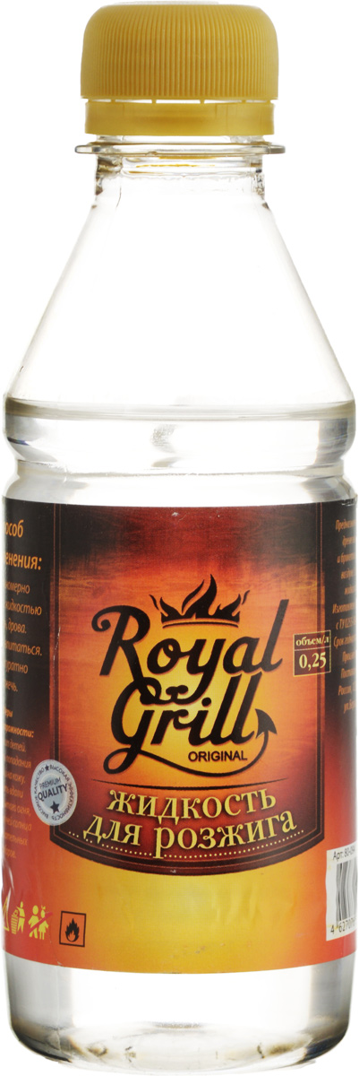 Жидкость для розжига RoyalGrill, 0,25 л3B327 Жидкость для розжига RoyalGrill, 0,25 л3B327Жидкость RoyalGrill предназначена для розжига древесного угля, дров, брикетов и другого твердого топлива. Затопить камин, разжечь костер и мангал - эта жидкость справиться очень легко. Способ применения: 1. Равномерно полить жидкостью уголь, дрова.2. Дать впитаться.3. Аккуратно разжечь.Меры предосторожности:Беречь от детей. Избегать попадания в глаза и на кожу. Хранить вдали от открытого огня, прямых лучей солнца и нагревательных приборов.Состав: смесь жидких парафинов.