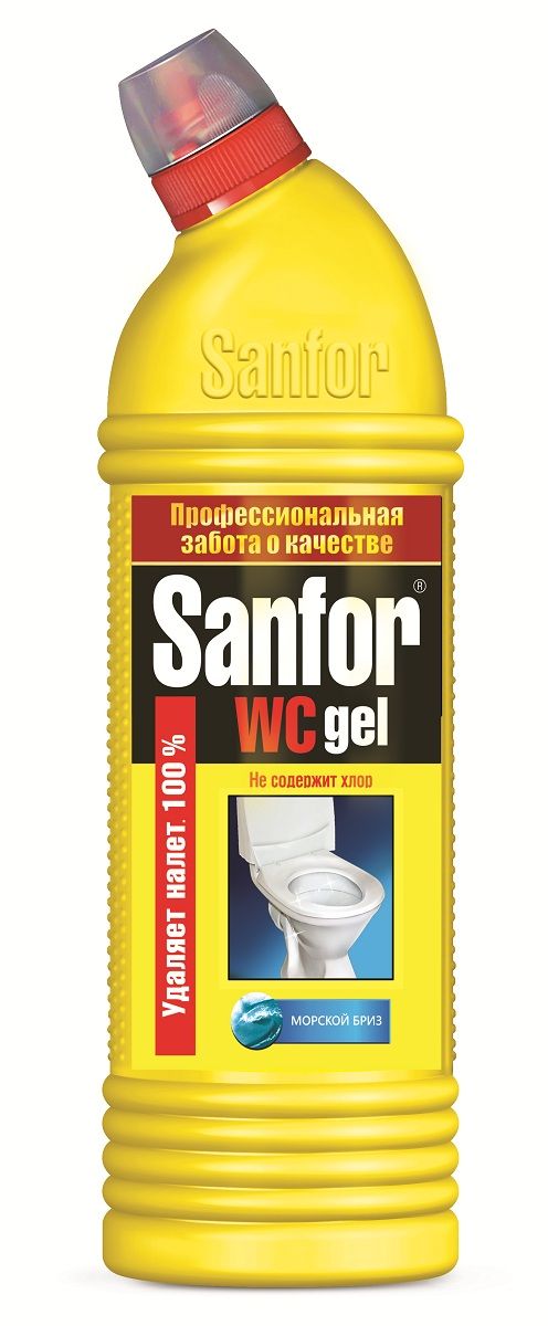 Средство для чистки и дезинфекции Sanfor WC Gel, морской бриз, 750 мл391602 Средство для чистки и дезинфекции Sanfor WC Gel, морской бриз, 750 мл391602Средство санитарно-гигиеническое идеально растворяет водный и мочевой камень и препятствует его образованию в унитазах, удаляет ржавчину и другие трудные загрязнения в туалете на длительное время. Можно использовать в ванной комнате и на кухне для удаления жировых пятен, плесени, мыльных потеков. Благодаря загущенной формуле равномерно распределяется и не стекает с наклонных поверхностей, обеспечивает свежий запах. Подходит для уборки и дезинфекции туалетов для животных. Убивает микробы за 5 минут. Не содержит ХЛОР, при этом специальная формула гарантирует хорошие чистящие и дезинфицирующие свойства. Обладает антимикробными свойствами. Способ применения: унитазы - нанести средство под ободок и распределить внутри унитаза, выдержать не более 10 мин, почистить и смыть водой. При необходимости обработку повторить. Фаянсовые раковины - обработать средством и смыть водой. Полы (плитка, линолеум), сантехническая арматура, пластмасса - мыть раствором 2-3 колпачка средства на 1 л воды.Состав: > 5 %, но < 15 %: АПАВ, кислота щавелевая; < 5 %: краситель, ароматизирующая добавка.