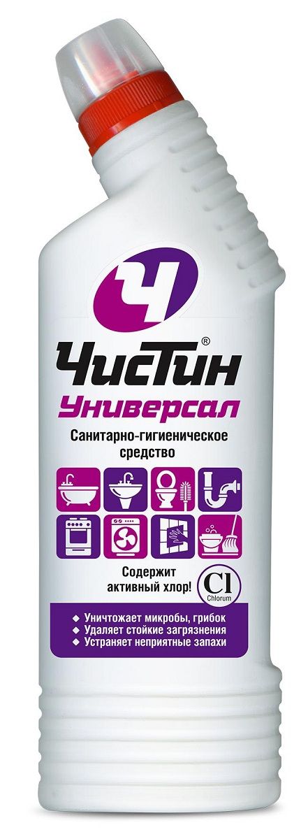 Санитарно-гигиеническое средство Чистин Универсал, 750 мл106-026 Санитарно-гигиеническое средство Чистин Универсал, 750 мл106-026Санитарно-гигиеническое средство Чистин УниверсалУничтожает микробы, грибок, неприятные запахи. Предназначено для чистки и антимикробной обработки раковин, ванн, душевых кабин, унитазов, профилактики засоров канализационных стоков, мытья керамической плитки, любых твердых моющихся напольных покрытий, настенных панелей, моющихся обоев, бытовой техники. Способ применения: Раковины, ванны, унитазы, керамическая плитка: нанести средство на поверхность, при необходимости выдержать 2-5 мин, почистить и тщательно смыть. Для уничтожения микробов и удаления стойких загрязнений выдержать 60 мин. Канализационные стоки: залить в водосток (250 мл), оставить на ночь. Мытье водостойких поверхностей (плитка, полы, рабочие поверхности, бытовая техника и т.д.): мыть раствором 20 мл (2 колпачка) на 5 л воды. Состав: < 5 %: гипохлорит натрия (калия); < 5 %: АПАВ и НПАВ; < 5 %: щелочь, соль ЭДТА, ароматизирующая добавка.