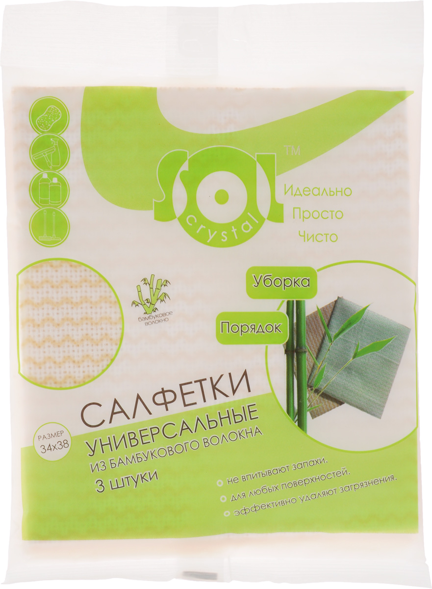 Салфетка Sol Crystal из бамбукового волокна, цвет: белый, желтый, 34 x 38 см, 3 шт790009 Салфетка Sol Crystal из бамбукового волокна, цвет: белый, желтый, 34 x 38 см, 3 шт790009Салфетки Sol Crystal, выполненные из бамбукового волокна, вискозы и полиэстера, предназначены для уборки. Благодаря трубчатой структуре волокон, жир и грязь не впитываются в ткань, легко вымываются обычной водой.Рекомендации по уходу:Бамбуковые салфетки не требуют особого ухода. После каждого использования их рекомендуется промыть под струей воды и просушить. Периодически рекомендуется простирывать салфетки мылом. Не следует стирать их с порошками, а также специальными очистителями или бытовыми моющими средствами. Кроме того не рекомендуется сушить салфетки на батарее.