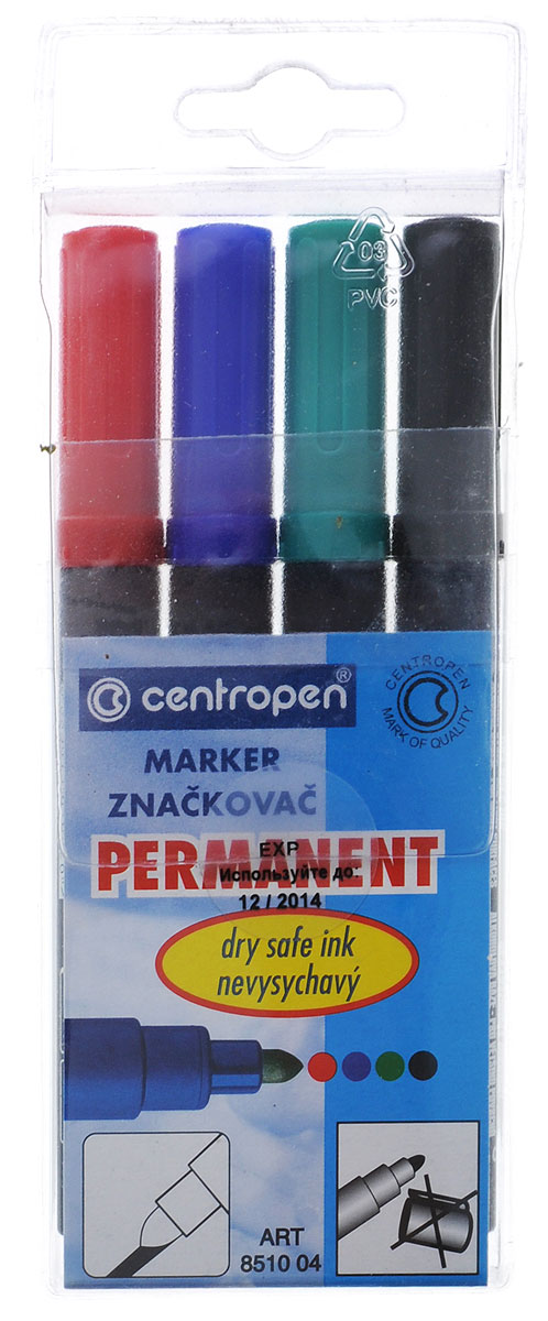 Centropen Набор перманентных маркеров 4 цвета72523WD Centropen Набор перманентных маркеров 4 цвета72523WDНабор перманентных маркеров Centropen предназначен для письма и рисования на листах бумаги. Особенности чернил таковы, что они не пропитывают бумагу, позволяют использовать лист с двух сторон.Маркеры снабжены круглым наконечником и плотно защелкивающимися колпачками (цвет маркера соответствует цвету чернил). В наборе маркеры красного, синего, зеленого и черного цветов.