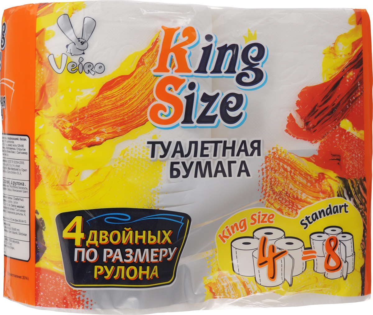 Бумага туалетная Veiro King Size, двухслойная, 4 рулона19201 Бумага туалетная Veiro King Size, двухслойная, 4 рулона19201Туалетная бумага Veiro King Size, выполненная из натуральной целлюлозы, обеспечивает превосходный комфорт и ощущение чистоты и свежести. Необыкновенно мягкая, но в тоже время прочная, бумага не расслаивается и отрывается строго по линии перфорации, не вызывает аллергии и раздражения. Двухслойные листы имеют рисунок с перфорацией.Количество слоев: 2. Размер листа: 12,5 х 9,5 см. Длина намотки: 37,5 м. Состав: 100% целлюлоза.Уважаемые клиенты!Обращаем ваше внимание на возможные изменения в дизайне упаковки. Качественные характеристики товара остаются неизменными. Поставка осуществляется в зависимости от наличия на складе.