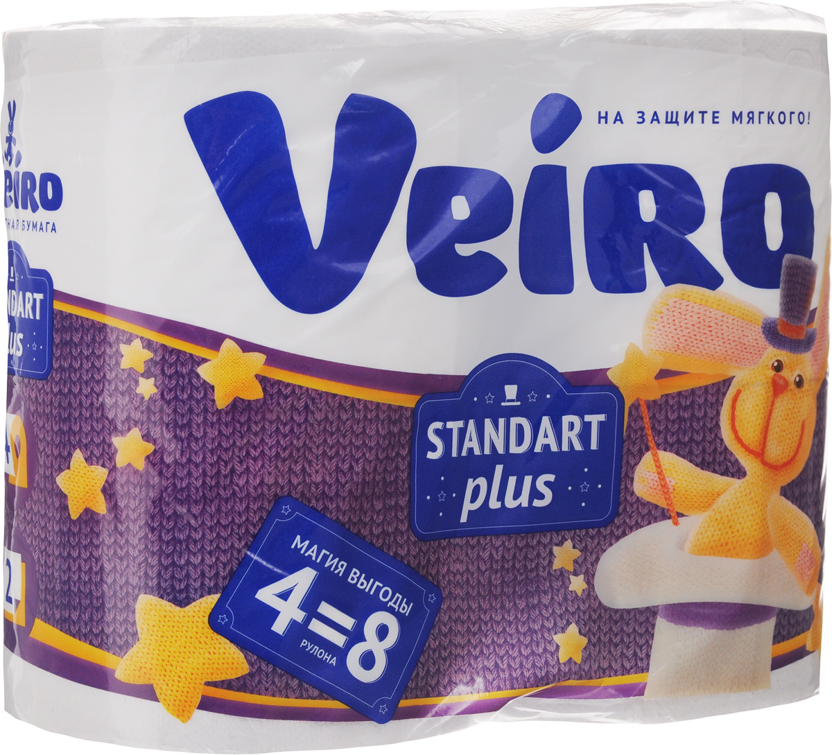 Бумага туалетная Veiro Standart Plus, двухслойная, 4 рулона010-01199-23 Бумага туалетная Veiro Standart Plus, двухслойная, 4 рулона010-01199-23Туалетная бумага Veiro Standart Plus, выполненная из натуральной целлюлозы, обеспечивает превосходный комфорт и ощущение чистоты и свежести. Необыкновенно мягкая, но в тоже время прочная, бумага не расслаивается и отрывается строго по линии перфорации, не вызывает аллергии и раздражения. Двухслойные листы имеют рисунок с перфорацией.Количество слоев: 2. Размер листа: 12,5 х 9,5 см. Длина намотки: 30 м. Состав: 100% целлюлоза.