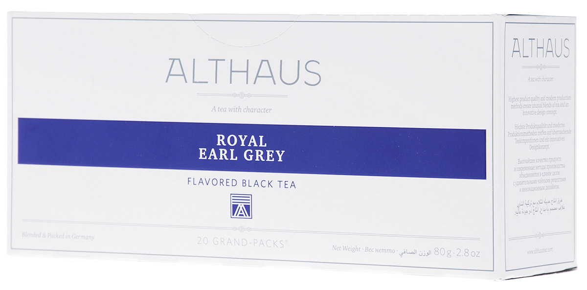 Althaus Grand Pack Royal Earl Grey ароматизированный чай в пакетиках, 20 шт101246 Althaus Grand Pack Royal Earl Grey ароматизированный чай в пакетиках, 20 шт101246Althaus Royal Earl Grey (Ройал Эрл Грэй) — это купаж из лучших индийских и цейлонских сортов черного чая, дающий насыщенный классический вкус с элегантными цитрусовыми нотками бергамота. Слава традиционного английского черного чая с легким, пряно-бальзамическим ароматом бергамота давно пересекла британские границы и распространилась по всему миру.