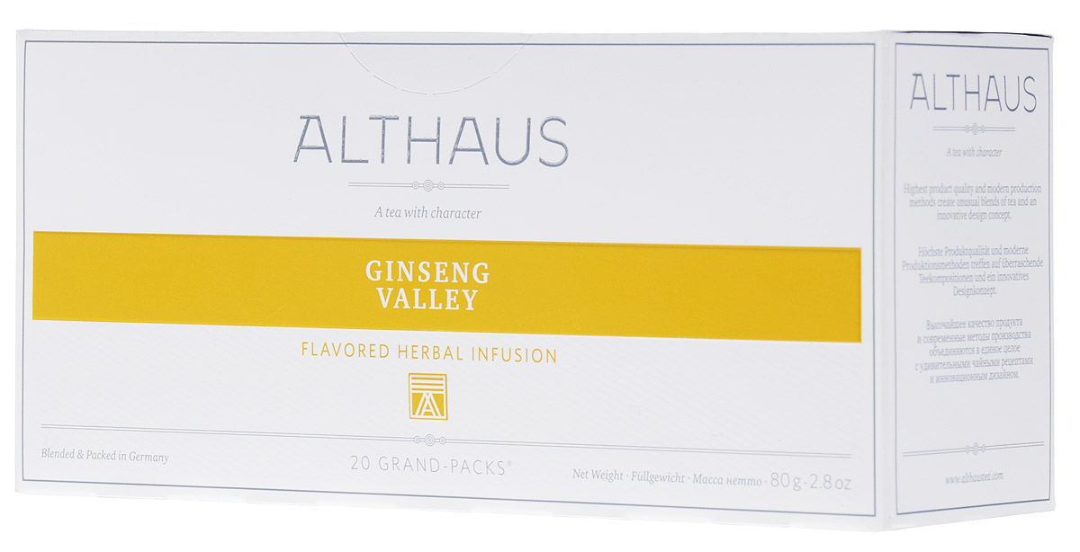 Althaus Grand Pack Ginseng Valley травяной чай в пакетиках, 20 шт0120710 Althaus Grand Pack Ginseng Valley травяной чай в пакетиках, 20 шт0120710Althaus Ginseng Valley (Женьшеневая Долина) — уникальный велнес-напиток на основе целебных трав. В этот купаж входят женьшень, зверобой, листья березы и крапивы, лимонник, сандал. Женьшень улучшает самочувствие, лимонник дарит бодрость, а зверобой, известный как трава от девяноста девяти болезней, укрепляет организм. Сочный персик и нежные цветы апельсина делают этот уникальный напиток не только полезным, но и исключительно приятным на вкус.