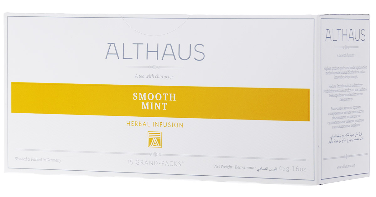 Althaus Grand Pack Smooth Mint травяной чай в пакетиках, 15 шт0120710 Althaus Grand Pack Smooth Mint травяной чай в пакетиках, 15 шт0120710Althaus Smooth Mint (Нежная мята) - полезный травяной купаж c освежающим ароматом душистой мяты, легкой терпкостью мате и сладковатым цветочным вкусом.Grand Pack - современная концепция заваривания листового чая в запечатанных чайных фильтрах большего размера. Листья при заварке полностью раскрывают свой вкус и аромат.
