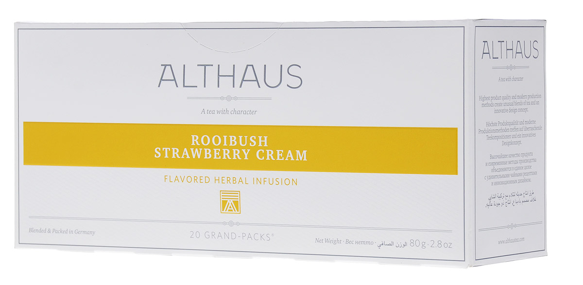 Althaus Grand Pack Rooibush Strawberry Cream ягодный чай в пакетиках, 20 шт0120710 Althaus Grand Pack Rooibush Strawberry Cream ягодный чай в пакетиках, 20 шт0120710Althaus Rooibush Strawberry Cream (Ройбуш Клубника со Сливками) — это превосходное сочетание вкуса спелой клубники, воздушных сливок и нежного аромата отборных листьев ройбуша.Ройбуш — это экзотический напиток из Южной Африки, который не содержит кофеина и исключительно полезен для здоровья.