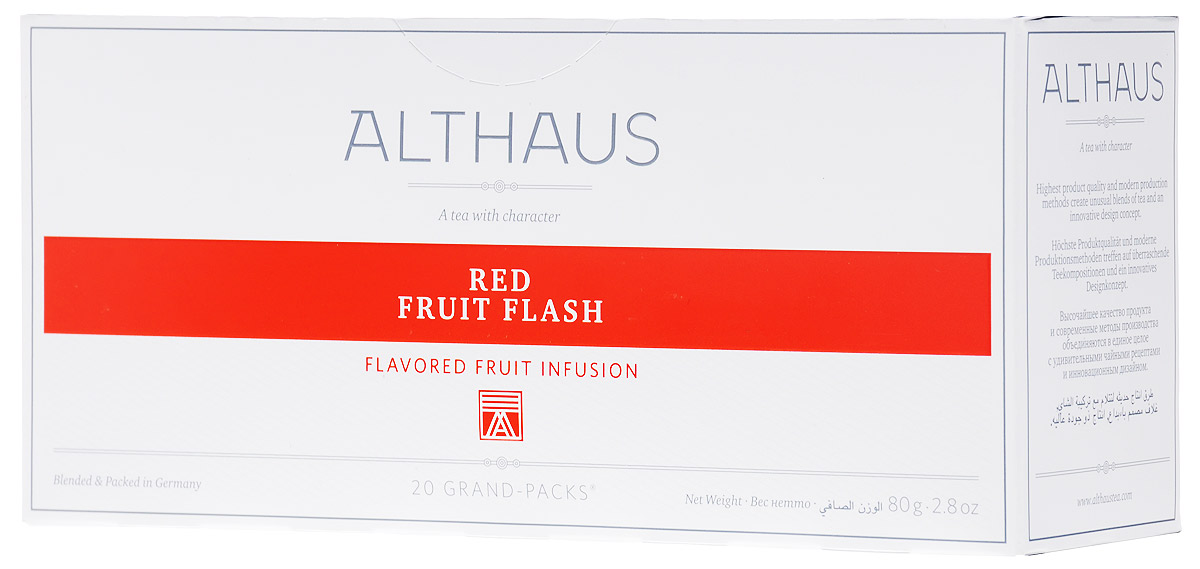 Althaus Grand Pack Red Fruit Flash травяной чай в пакетиках, 20 шт4607003045081 Althaus Grand Pack Red Fruit Flash травяной чай в пакетиках, 20 шт4607003045081Althaus Red Fruit Flash (Ред Фрут Флэш) - уникальный фруктовый купаж с ярким ягодным ароматом домашнего варенья и приятной кислинкой рубинового каркаде.Grand Pack - современная концепция заваривания листового чая в запечатанных чайных фильтрах большего размера. Листья при заварке полностью раскрывают свой вкус и аромат.
