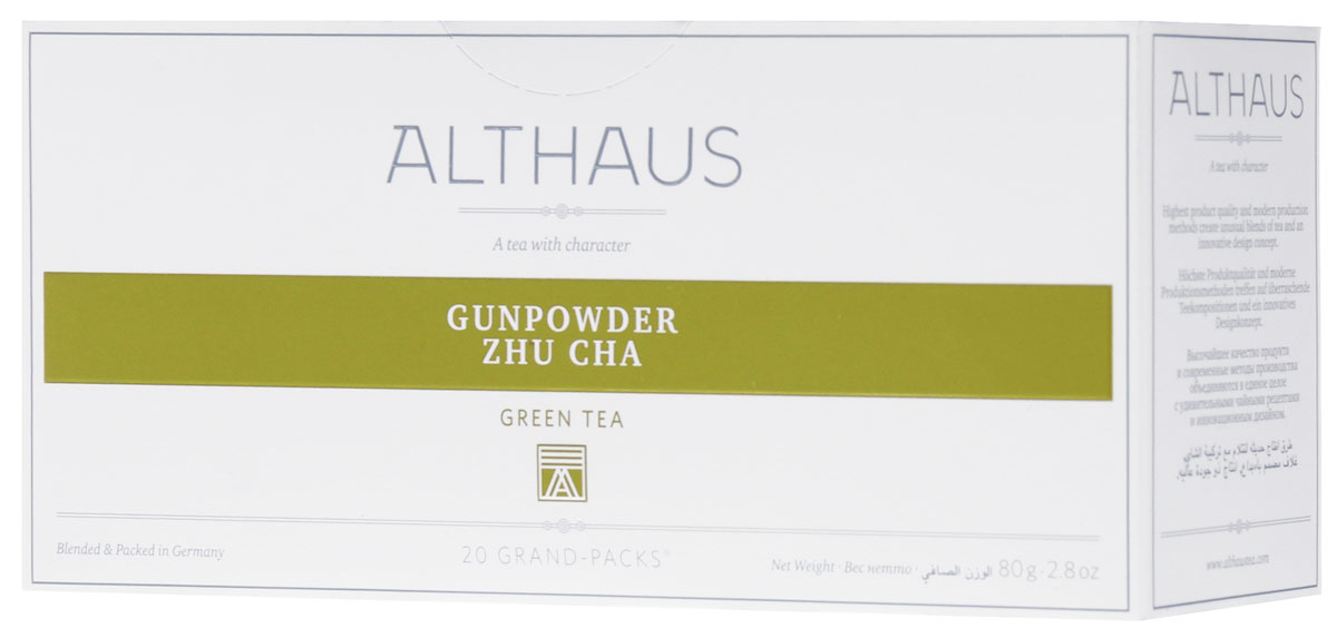 Althaus Grand Pack Gunpowder Zhu Cha зеленый чай в пакетиках, 20 шт4607003044985 Althaus Grand Pack Gunpowder Zhu Cha зеленый чай в пакетиках, 20 шт4607003044985Althaus Gunpowder Zhu Cha (Жу Ча Ружейный Порох) — популярный китайский зеленый чай с классическим ароматом и терпким травянистым вкусом. Взрывное имя этому чаю в XVIII веке дали англичане, так как его сильно скрученные глянцевитые листочки внешне напоминали металлические дробинки. Жу Ча пьют в обед и вечером, с сахаром, мятой, лимоном.