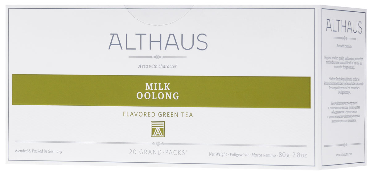 Althaus Grand Pack Milk Oolong чай улун в пакетиках, 20 шт0937-10_новый дизайн Althaus Grand Pack Milk Oolong чай улун в пакетиках, 20 шт0937-10_новый дизайнAlthaus Milk Oolong (Молочный Улун) - уникальный китайский улун с глубоким вкусом и карамельно-молочным ароматом.Grand Pack - современная концепция заваривания листового чая в запечатанных чайных фильтрах большего размера. Листья при заварке полностью раскрывают свой вкус и аромат.