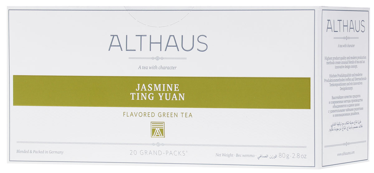 Althaus Grand Pack Jasmine Ting Yuan зеленый чай в пакетиках, 20 шт0120710 Althaus Grand Pack Jasmine Ting Yuan зеленый чай в пакетиках, 20 шт0120710Althaus Jasmine Ting Yuan (Жасмин Тинг Юань) — замечательный китайский зеленый чай с ровными, очень длинными листьями, украшенный полупрозрачными цветами жасмина. При заваривании Жасмин Тинг Юань дает насыщенный чуть сладковатый настой с древесно-цветочным вкусом и тонким чувственным ароматом. Жасмин Тинг Юань превосходно сочетается с блюдами китайской кухни.