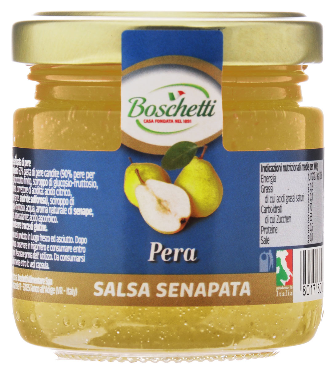 Boschetti Pera соус сальса, 120 г0120710 Boschetti Pera соус сальса, 120 г0120710Горчичный соус из груши Boschetti создан для тех, кто ценит уникальный вкус в приправах к любимым блюдам. Горчица и груша, подобранные кулинарами в нужных пропорциях, выдают оригинальную вкусовую гамму, в которой изысканность итальянской кухни проявляется в полной мере.Горчичный соус из груши является ведущим ингредиентом во многих итальянских рецептах. Но его часто используют в качестве дополнения к уже готовому блюду. Он превращает сыр или рыбу в изысканный деликатес. Если к вашему завтраку подается Boschetti, значит, вы любите свой быт во всех его проявлениях. Утреннее чаепитие с соусом Boschetti станет настоящим праздником.Состав: паста грушевая с сахаром 60% (90% груш на 100 г готового продукта: сироп глюкозы-фруктозы, сахар, регулятор кислотности (лимонная кислота), консервант (ангидрид), сироп глюкозы-фруктозы, вода, натуральный ароматизатор горчица, ароматизаторы,. Может содержать клейковину.