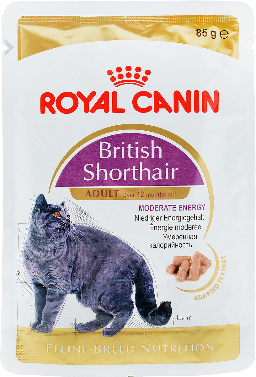 Консервы Royal Canin British Shorthair Adult, для кошек британской породы в возрасте старше 12 месяцев, мелкие кусочки в соусе, 85 г0120710 Консервы Royal Canin British Shorthair Adult, для кошек британской породы в возрасте старше 12 месяцев, мелкие кусочки в соусе, 85 г0120710Консервы Royal Canin British Shorthair Adult специально созданы для британских короткошерстных кошек в возрасте старше 12 месяцев. Британская короткошерстная кошка родом из Великобритании, что явствует из названия породы. Поддержание оптимальной формы. Мощные и коренастые, британские короткошерстные кошки испытывают повышенную нагрузку на суставы в сравнении с кошками меньшего веса. Крупное сердце - риск для здоровья. Эта порода имеет предрасположенность к сердечным заболеваниям. Соблюдение диетических рекомендаций - залог здоровья сердца!Умеренное содержание энергии. У британской короткошерстной кошки мощное плотное телосложение, вследствие чего повышается нагрузка на суставы. Продукт British Shorthair Adult с адаптированным содержанием жира для поддержания оптимального веса.Здоровье мочевыделительной системы. Помогает поддерживать здоровье мочевыделительной системы.Здоровье кожи и шерсти. Помогает поддерживать здоровье кожи и шерсти. Состав: мясо и мясные субпродукты, злаки, рыба и рыбные субпродукты, субпродукты растительного происхождения, экстракты белков растительного происхождения, масла и жиры, минеральные вещества, углеводы. Добавки (в 1 кг): Витамин D3: 265 ME, Железо: 8 мг, Йод: 0,09 мг, Марганец: 2,4 мг, Цинк: 24 мг..Товар сертифицирован.