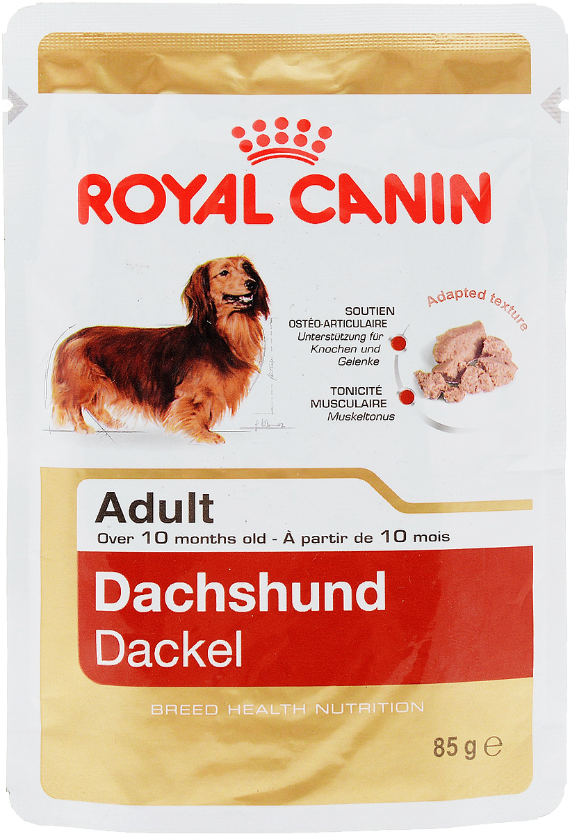 Консервы Royal Canin Dachshund Adult, для собак породы такса в возрасте старше 10 месяцев, паштет, 85 г0120710 Консервы Royal Canin Dachshund Adult, для собак породы такса в возрасте старше 10 месяцев, паштет, 85 г0120710Консервы Royal Canin Dachshund Adult специально созданы для собак породы такса в возрасте старше 10 месяцев. Таксы считаются одними из самых умных собак в мире, что подтверждено многими исследованиями и экспериментами. Для правильного развития животного необходимы специальные вещества, которые благотворно влияют на мышечный тонус и нормализуют стул.Здоровье костей и суставов. Эксклюзивная формула поддерживает здоровье костей и суставов.Мышечный тонус. Специализированный корм для таксы способствует поддержанию мышечного тонуса и идеального веса.Нормализация стула. Нормализует стул, способствует уменьшению объема и запаха фекалий собаки. Состав: мясо и мясные субпродукты, рыба и рыбные субпродукты, злаки, субпродукты растительного происхождения, масла и жиры, минеральные вещества, углеводы, моллюски и ракообразные. Добавки (в 1 кг): Витамин D3: 188 ME, Железо: 7 мг, Йод: 0,23 мг, Марганец: 2,1 мг, Цинк: 21 мг..Товар сертифицирован