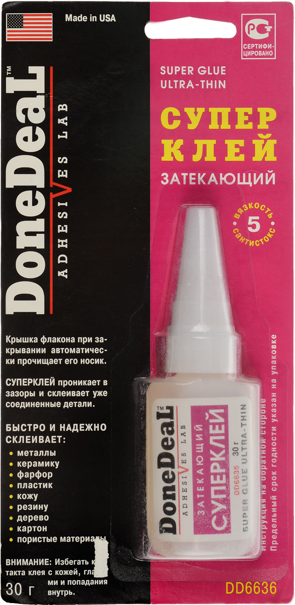 Суперклей Done Deal, затекающий, 30 гPANTERA SPX-2RS Суперклей Done Deal, затекающий, 30 гPANTERA SPX-2RSЗатекающий цианакрилатовый суперклей Done Deal предназначен для быстрого и надежного склеивания различных материалов и обладает высочайшей текучестью, смачиваемостью и адгезией. Суперклей проникает в зазоры и склеивает уже соединенные детали. Выдерживает воздействие высоких температур и большинства агрессивных жидкостей. В крышку флакона вмонтирована стальная иголка, которая при закрывании автоматически прочищает носик флакона и предотвращает застывание в нем клея.Быстро и надежно склеивает: металлы, керамику, пластик, резину, фарфор, кожу, дерево, картон, пористые материалы. Термоустойчивость: от -50°С до +95°С. Прочность соединения: 204 кг/см2. Время схватывания: 30 сек. Время отвердевания: 2 мин. Время полной полимеризации: 24 ч.