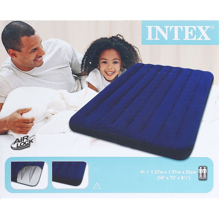 Матрас надувной Intex Classic Downy Full 137х191х22 см, цвет: синий. 6875867742 Матрас надувной Intex Classic Downy Full 137х191х22 см, цвет: синий. 6875867742Матрас надувной Classic Downy Full имеет привлекательный темно-синий цвет. Особенность матраса - наилучшее соотношение цена-качество. При минимальной стоимости изделия вы получаете комфортную дополнительную кровать для дома и прочный матрас для туризма. Флокированное (велюровое) покрытие не позволит скользить простыне. Внутреннее устройство матраса представляет собой оболочку с перегородками для плавного перетекания воздуха. Материал надувного матраса - прочный высококачественный и водонепроницаемый винил. Матрас оснащен клапанами 2 в одном, позволяющими быстро спустить или накачать воздух, используя любой насос фирмы Intex. Насос не входит в комплектацию.Матрас можно использовать как дома, так и в путешествиях. При покупке данной модели вы получите качественный отдых и сон для вас и ваших гостей!Матрас надувной Classic Downy Full 137х191х22 см