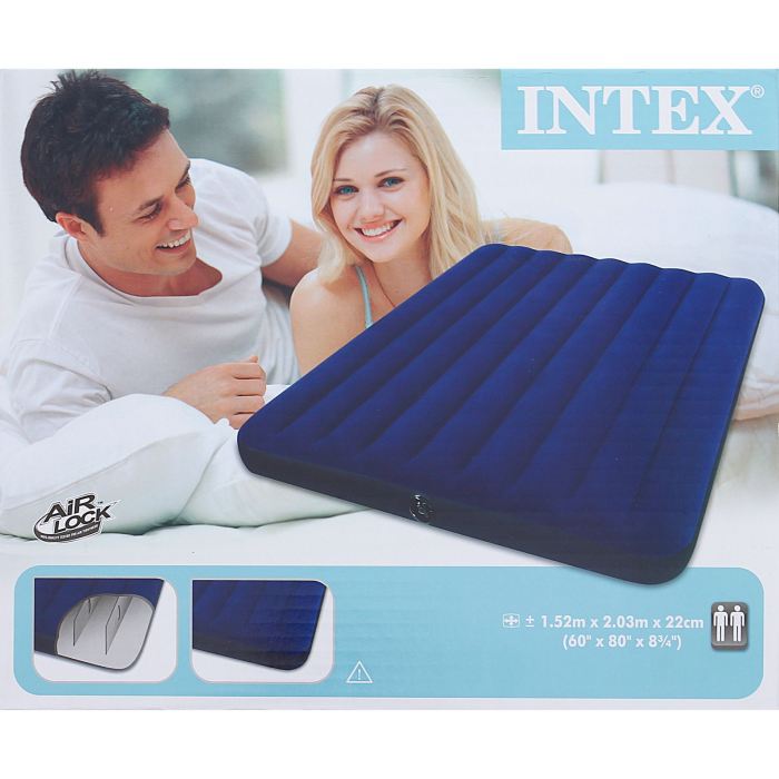 Матрас надувной Intex Classic Downy Queen 152х203х22 см, цвет: синий. 68759589408 Матрас надувной Intex Classic Downy Queen 152х203х22 см, цвет: синий. 68759589408Матрас надувной Classic Downy Queen имеет привлекательный темно-синий цвет. Особенность матраса - наилучшее соотношение цена-качество. При минимальной стоимости изделия вы получаете комфортную дополнительную кровать для дома и прочный матрас для туризма. Флокированное (велюровое) покрытие не позволит скользить простыне. Внутреннее устройство матраса представляет собой оболочку с перегородками для плавного перетекания воздуха. Материал матраса - прочный высококачественный и водонепроницаемый винил. Надувной матрас оснащен клапанами 2 в одном, позволяющими быстро спустить или накачать воздух, используя любой насос фирмы Intex.Матрас надувной Classic Downy Queen 152х203х22 см