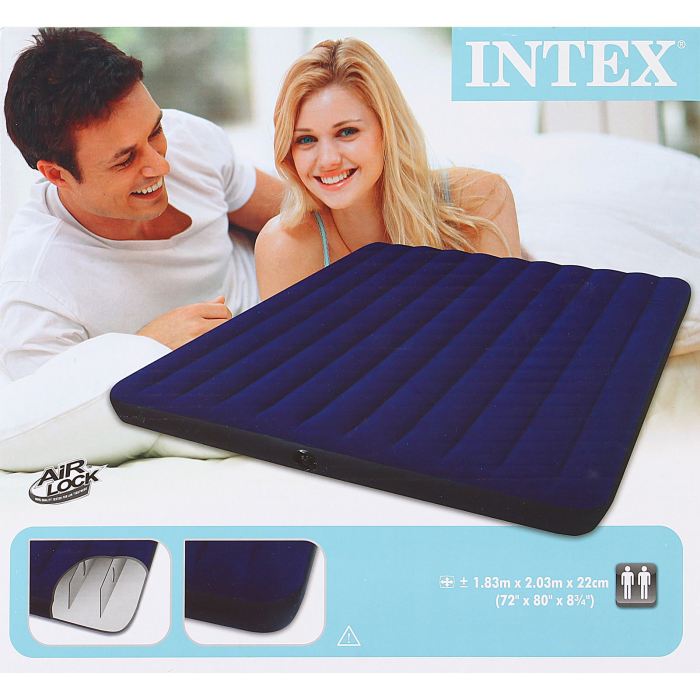Матрас надувной Intex Classic Downy King 183х203х22 см, цвет: синий. 6875567742 Матрас надувной Intex Classic Downy King 183х203х22 см, цвет: синий. 6875567742Матрас надувной Classic Downy King имеет привлекательный темно-синий цвет. Особенность матраса - наилучшее соотношение цена-качество. При минимальной стоимости изделия вы получаете комфортную дополнительную кровать для дома и прочный матрас для туризма. Флокированное (велюровое) покрытие не позволит скользить простыне. Внутреннее устройство матраса представляет собой оболочку с перегородками для плавного перетекания воздуха. Материал надувного матраса - прочный высококачественный и водонепроницаемый винил. Матрас оснащен клапанами 2 в одном, позволяющими быстро спустить или накачать воздух, используя любой насос фирмы Intex. Насос не входит в комплектацию.Матрас можно использовать как дома, так и в путешествиях. При покупке данной модели вы получите качественный отдых и сон для вас и ваших гостей!Матрас надувной Classic Downy King 183х203х22 см