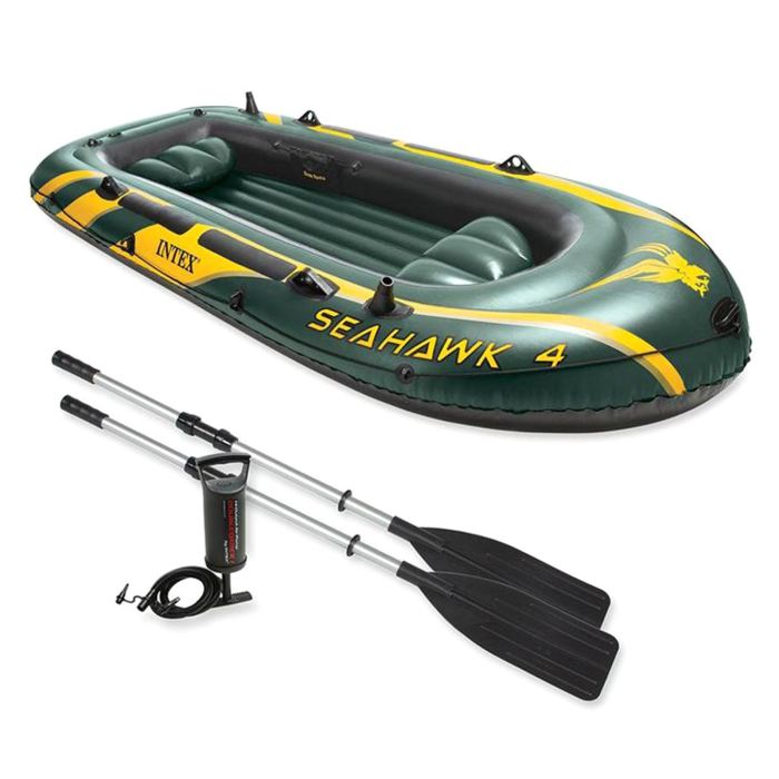 Лодка Intex Seahawk 4, цвет: зеленый. 68351NPRivaCase 8460 black Лодка Intex Seahawk 4, цвет: зеленый. 68351NPRivaCase 8460 blackЛодка Intex состоит из абсолютно независимых трех воздушных отсеков. Каждый отсек имеет клапан для быстрого скачивания и надувания лодки. Основной, внешний отсек придает лодке форму. Внутренние отсеки создают жесткость лодки на плаву и обеспечивают пассивную безопасность, в случае повреждения основного отсека. Надувной пол обеспечивает дополнительный комфорт нахождения внутри изделия. Для удобства конструкция надувного пола сделана волнистой, поперек бортам лодки. Лодка имеет крепления для весел и две лодочные уключины. На носу имеется пластиковая ручка, для переноса лодки или спуска на воду. Вокруг внешней камеры лодки находится веревочный трос, его можно использовать как для буксировки лодки, так и для швартования.Лодка Seahawk 4 четырехместная до 400 кг 351х145х48 см (в комплекте: весла, насос)