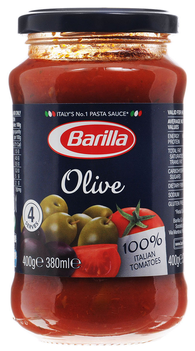 Barilla Sugo Olive оливковый соус, 400 г0120710 Barilla Sugo Olive оливковый соус, 400 г0120710Оливковый соус Barilla создан из черных и зеленых оливок, слегка обжаренных вместе с каперсами и луком. В сочетании с мякотью, созревших под ярким итальянским солнцем помидоров, они создают соус с насыщенным вкусом и ароматом Средиземноморского побережья. Не содержит консервантов и поможет вам создать простое и в то же время изысканное блюдо.Соус Оливковый идеально сочетается с Фузилли. Разогрейте соус в сковороде и смешайте с только что отваренной пастой. Может применяться в качестве основного соуса к пасте или как дополнение к блюдам из мяса, рыбы и овощей.