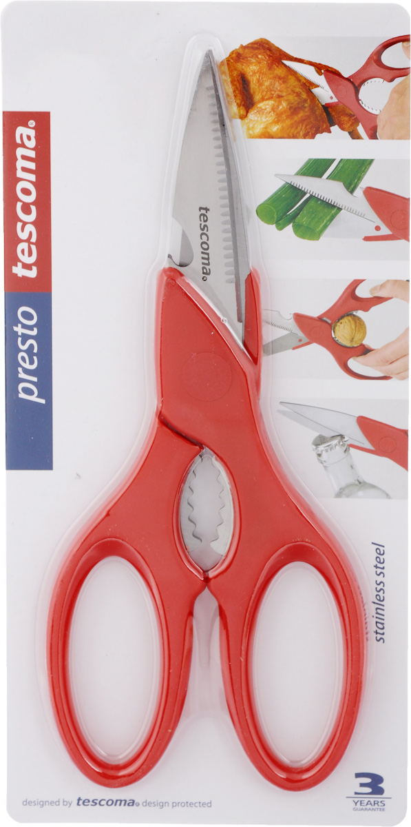 Ножницы Tescoma Presto, мультифункциональные, цвет: красный, длина 22 см54 009312 Ножницы Tescoma Presto, мультифункциональные, цвет: красный, длина 22 см54 009312Ножницы Tescoma Presto, легкие и удобные в использовании, изготовлены из первоклассной нержавеющей стали. Ручки выполнены из прочной пластмассы. Мультифункциональные ножницы пригодны для разделки птицы, обработки овощей, резки бумаги, текстиля, колки орехов, открывания бутылок.Общая длина ножниц: 22 см.Длина лезвия: 8,5 см