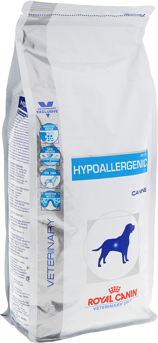 Корм сухой диетический Royal Canin Hypoallergenic DR 21 для собак, при пищевой аллергии или непереносимости, 2 кг0120710 Корм сухой диетический Royal Canin Hypoallergenic DR 21 для собак, при пищевой аллергии или непереносимости, 2 кг0120710Сухой корм Royal Canin Hypoallergenic DR 21 - полноценный диетический рацион для собак, рекомендуемый при пищевой аллергии или пищевой непереносимости некоторых ингредиентов и нутриентов. Специально подобранные источники белков и углеводов.Показания к применению:- исключающая диета;- аллергия алиментарной природы, проявляющаяся нарушениями со стороны кожного покрова или пищеварительного тракта;- пищевая непереносимость;- хроническое воспаление кишечника;- экзокринная недостаточность поджелудочной железы;- хроническая диарея;- пролиферация бактерий в тонком кишечнике.Противопоказания:- гиперлипидемия- панкреатит (в том числе, перенесенный ранее).Длительность курса применения:Если предполагается аллергия алиментарной природы или непереносимость корма, гипоаллергенное питание в этом случае назначается для применения на протяжении всей жизни собаки.Состав: рис, гидролизат изолята соевого белка, животные жиры, минеральные вещества, гидролизат печени птицы, свекольный жом, соевое масло, фруктоолигосахариды, рыбий жир, масло огуречника аптечного, экстракт бархатцев прямостоячих (источник лютеина).Добавки (на 1 кг): витамин А: 24800 МЕ, витамин D3: 800 МЕ, железо: 40 мг, йод: 3 мг, марганец: 53 мг, цинк: 202 мг, консервант: сорбат калия, антиокислители: пропилгаллат, БГА.Содержание питательных веществ: белки: 21%, жиры: 19%, минеральные вещества: 8,4%, кислоты: 47 г, медь: 15 мг.Товар сертифицирован.