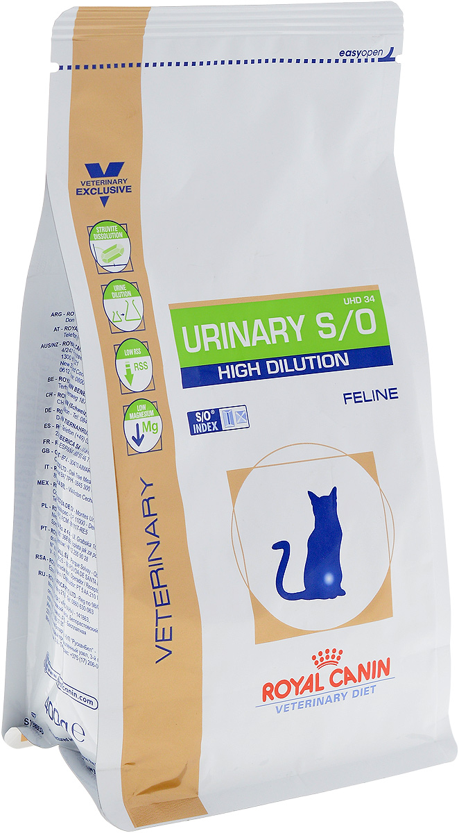 Корм сухой диетический Royal Canin Urinari Hich Dilution UHD34 для кошек, при лечении мочекаменной болезни, 400 г101246 Корм сухой диетический Royal Canin Urinari Hich Dilution UHD34 для кошек, при лечении мочекаменной болезни, 400 г101246Диета для кошек при лечении мочекаменной болезни (быстрое растворение струвитов)Показания:Растворение струвитовПрофилактика рецидивов уролитиаза, вызываемого струвитами и оксалатами кальция (рацион животного должен быть ограничен специальной диетой)Примечание: При повторяющемся идиопатическом цистите рекомендуется влажный диетический рацион. Перед назначением пожилым животным Urinary S/O Feline необходимо убедиться в нормальном функционировании их почек.Противопоказания:Беременность, лактация, ростХроническая почечная недостаточностьМетаболический ацидозСердечная недостаточностьГипертонияПрименение лекарственных препаратов, которые используются для подкисления мочиСухой корм Royal Canin Urinari Hich Dilution UHD34 - полноценный диетический рацион для кошек, рекомендуемый при воспалении нижних отделов мочевыводящих путей. Корм способствует быстрому растворению струвитов и снижает риск их повторного образования.Противопоказания:- беременность, лактация, рост;- хроническая почечная недостаточность;- метаболический ацидоз;- сердечная недостаточность;- гипертония;- применение лекарственных препаратов, которые используются для подкисления мочи.Состав: рис, пшеничная клейковина, дегидратированное мясо птицы, кукурузная мука, животные жиры, кукурузная клейковина, минеральные вещества, растительная клетчатка, гидролизат животных белков, рыбий жир, соевое масло, фруктоолигосахариды (ФОС), яичный порошок, гидролизат панциря ракообразных (источник глюкозамина), экстракт бархатцев прямостоячих (источник лютеина).Добавки (на 1 кг) питательные добавки: витамин А: 22200 МЕ, витамин D3: 500 МЕ, железо: 45 мг, йод: 3 мг, марганец: 59 мг, цинк: 192 мг.Консервант: сорбат калия. Антиокислители: пропилгаллат, БГА.Содержание питательных веществ: белки 34,5%, жиры 15%, минеральные вещества 9,4%, клетчатка пищевая 2,8%, кальций 0,9%, фосфор 0,9%, натрий 1,3%, хлориды 2,38%, калий 1%, магний 0,05%, сера 0,5%, общий таурин 0,21%, медь 15 мг/кг, вещества подкисляющие мочу: кальция сульфат (7,4 г/кг), DL-метионин.Товар сертифицирован.