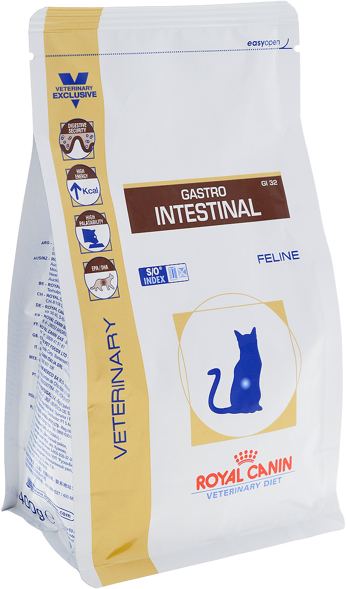 Корм сухой диетический Royal Canin Gastro Intestinal GL32 для кошек, при нарушениях пищеварения, 400 г0120710 Корм сухой диетический Royal Canin Gastro Intestinal GL32 для кошек, при нарушениях пищеварения, 400 г0120710Royal Canin Gastro Intestinal GL32 - это полнорационный диетический корм для кошек, рекомендуемый при острых расстройствах пищеварения, в реабилитационный период и при истощении. Показания к применению:- острая и хроническая диарея;- плохая переваримость и абсорбция питательных веществ;- пролиферация бактерий в тонком кишечнике;- восстановительный период после болезни;- колит;- Заболевания печени (кроме печеночной энцефалопатии); - Анорексия; - гастрит.Противопоказания:- Печеночная энцефалопатия;- лимфангиэктазия - экссудативная энтеропатия;- панкреатит.Длительность курса применения. Для усиления регенераторной способности ворсинчатого эпителия стенки кишечника при остром воспалительном процессе рекомендуется диетотерапия с минимальным сроком три недели. При хронических заболеваниях может потребоваться назначение диетического корма на протяжении всей жизни животного. Для оптимальной работы пищеварительной системы необходимо соблюдение суточного рациона и увеличение его кратности. Безопасность пищеварительной системы. Сочетание высокоусвояемых белков, пребиотиков, клетчатки и рыбьего жира обеспечивает максимальную защиту пищеварительной системы. Умеренное содержание энергии.Повышенное содержание энергии соответствует энергетическим потребностям кошки, позволяет ограничить объем корма и снизить нагрузку на желудочно-кишечный тракт.Повышенная вкусовая привлекательность При нарушениях пищеварения часто наблюдаются плохой аппетит и потеря веса. Высокая вкусовая привлекательность стимулирует потребление корма и способствует выздоровлению. Длинноцепочечные жирные кислоты Омега 3 (эйкозапентаеновая и докозагексаеновая) уменьшают кожные реакции и обеспечивают целостность слизистой оболочки кишечника. Белки с высокой степенью усвояемости снижают интенсивность чрезмерной ферментации в толстом отделе кишечника. Маннановые олигосахариды (МОС) стимулируют местный иммунитет в кишечном тракте. Состав: дегидратированные белки животного происхождения (птица), рис, животные жиры, кукурузная клейковина, растительная клетчатка, пшеничная клейковина, гидролизат белков животного происхождения, минеральные вещества, яичный порошок, свекольный жом, рыбий жир, дрожжи, соевое масло, фруктоолигосахариды, оболочка и семена подорожника, фруктоолигосахариды, гидролизат дрожжей (источник маннановых олигосахаридов), экстракт бархатцев прямостоячих (источник лютеина).Добавки (на 1 кг): витамин А: 21900 МЕ, витамин D3: 800 МЕ, железо: 35 мг, йод: 2,7 мг, марганец: 56 мг, цинк: 150 мг, селен: 0,06 мг.Товар сертифицирован.