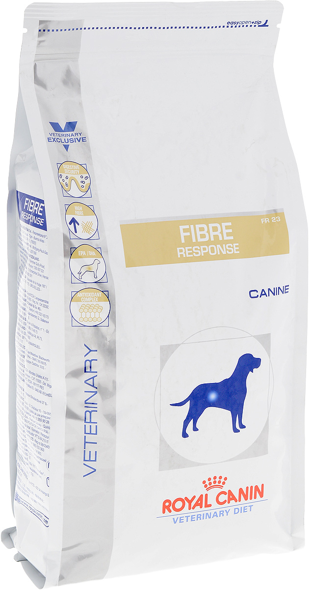 Корм сухой диетический Royal Canin Fibre Response FR 23 для собак, при нарушении пищеварения, 2 кг0120710 Корм сухой диетический Royal Canin Fibre Response FR 23 для собак, при нарушении пищеварения, 2 кг0120710Сухой корм для взрослых собак Royal Canin Fibre Response FR 23 - полноценный диетический рацион с повышенным содержанием клетчатки, рекомендуемый при нарушении пищеварения.Показания к применению:- колит (форма, поддающаяся диетотерапии с повышенным содержанием клетчатки);- стрессовая диарея;- запор;- нарушения, при которых рекомендована диета с повышенным содержанием клетчатки.Противопоказания:- кишечная непроходимость;- расширение толстого кишечника (мегаколон).Длительность курса применения:Длительность применения диеты варьируется в зависимости от тяжести симптомов нарушения пищеварения.Суточную норму кормления рекомендуется разделить на две порции.Состав: рис, растительная клетчатка, дегидратированное мясо птицы, животные жиры, кукуруза, кукурузная клейковина, пшеница, гидролизат белков животного происхождения, минеральные вещества, дегидратированные белки животного происхождения (свинина), пшеничная клейковина, свекольный жом, соевое масло, рыбий жир, дрожжи, оболочка и семена подорожника, фруктоолигосахариды (ФОС), гидролизат дрожжей (источник маннановых олигосахаридов), яичный порошок, экстракт бархатцев прямостоячих (источник лютеина).Добавки (на 1 кг): витамин А: 11300 МЕ, витамин D3: 1000 МЕ, железо: 42 мг, йод: 3,3 мг, медь: 8 мг, марганец: 55 мг, цинк: 180 мг, селен: 0,08 мг.Содержание питательных веществ: белки: 23%, жиры: 16, минеральные вещества: 7,3%, клетчатка пищевая: 11,1%, в 1 кг: EPA/DHA: 3 г, медь: 15 мг.Товар сертифицирован.