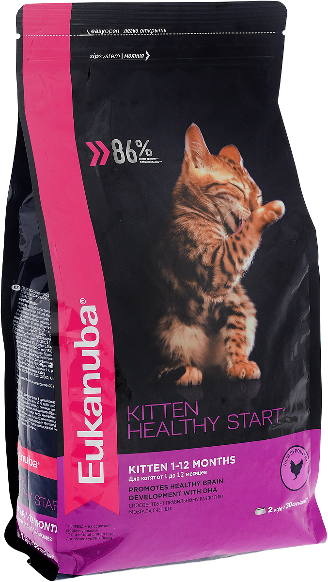 Корм сухой для котят Eukanuba Kitten Healthy Start, с домашней птицей, 2 кг101246 Корм сухой для котят Eukanuba Kitten Healthy Start, с домашней птицей, 2 кг101246Сухой корм Eukanuba Kitten Healthy Start - полнорационный сухой корм для котят от 1 до 12 месяцев и беременных или кормящих кошек.Корм Eukanuba для котят содержит докозагексаеновую кислоту, способствующую правильному развитию мозга котят. 100% сбалансированный корм, поддерживает здоровье котенка по ключевым признакам и обеспечивает здоровый рост. 1. ЗДОРОВЫЙ РОСТПоддерживает здоровый рост организма за счет сбалансированного высококачественного питания.2. НАДЕЖНАЯ ЗАЩИТАСпособствует поддержанию иммунной системы за счет антиоксидантов.3. ОПТИМАЛЬНОЕ ПИЩЕВАРЕНИЕСпособствует поддержанию здоровой кишечной микрофлоры за счет пребиотиков и клетчатки.4. СИЛЬНЫЕ МЫШЦЫБелки животного происхождения способствуют росту и сохранению мышечной массы. Содержит 86% животного белка (от общего уровня белка).5. ЗДОРОВЬЕ КОЖИ И ШЕРСТИСпособствует сохранению здоровья кожи и блестящей шерсти, благодаря рыбьему жиру и оптимальному соотношению омега-6 и омега-3 жирных кислот.6. ЗДОРОВЫЕ ЗУБЫПоддерживает здоровье зубов. Состав: белки животного происхождения (домашняя птица 43%, источник натурального таурина), жир животный, ячмень, пшеница, пшеничная мука, рис, сухое цельное яйцо, гидролизированный животный белок, пульпа сахарной свеклы, рыбий жир, фрукто-олиго-сахариды, высушенные пивные дрожжи, минералы. Пищевая ценность (100 г): белки - 36 г, жиры - 24 г, омега-6 жирные кислоты - 3,23 г, омега-3 жирные кислоты - 0,64 г, влажность - 8 г, зола - 7,0 г, клетчатка - 1,4 г, кальций - 1,61 г, фосфор - 1,25 г, магний - 0,09 г.Добавленные вещества: витамин A: 21000 МЕ/кг, витамин D3: 1000 МЕ/кг, витамин E: 260 мг/кг, железо: 178 мг/кг, йод: 3,2 мг/кг, медь: 15 мг/кг, марганец: 61 мг/кг, цинк: 182 мг/кг, селен: 0,48 мг/кг, докозагексаеновая кислота: 0,1 г/кг. Энергетическая ценность (100 г): 437 ккал/1830 кДж. Товар сертифицирован.