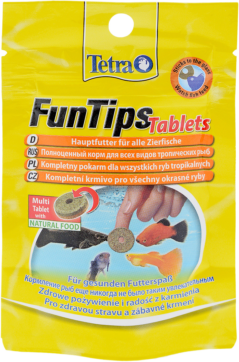 Корм Tetra FunTips Tablets для всех видов тропических рыб, 8 г, 20 таблеток0120710 Корм Tetra FunTips Tablets для всех видов тропических рыб, 8 г, 20 таблеток0120710Корм Tetra FunTips Tablets - это полноценный корм для всех видов тропических рыб, состоящий из хлопьев и сублимированных микроорганизмов и спрессованный в виде таблеток.Корм уникален тем, что может быть приклеен к аквариумному стеклу. Таблетки прикрепляются к стеклу, что предоставляет хозяину аквариума возможность наблюдать за рыбками в период кормления.Применение: кормить несколько раз в день маленькими порциями. Состав: молоко и молочные продукты, моллюски и ракообразные (в том числе дафния 9,5%, артемия 6%, гаммарус 4,5%, ракообразные 2%), рыба и побочные рыбные продукты, растительные экстракты белка, зерновые, дрожжи, водоросли (спирулина 1,8%), масла и жиры, сахар, минеральные вещества.Товар сертифицирован.