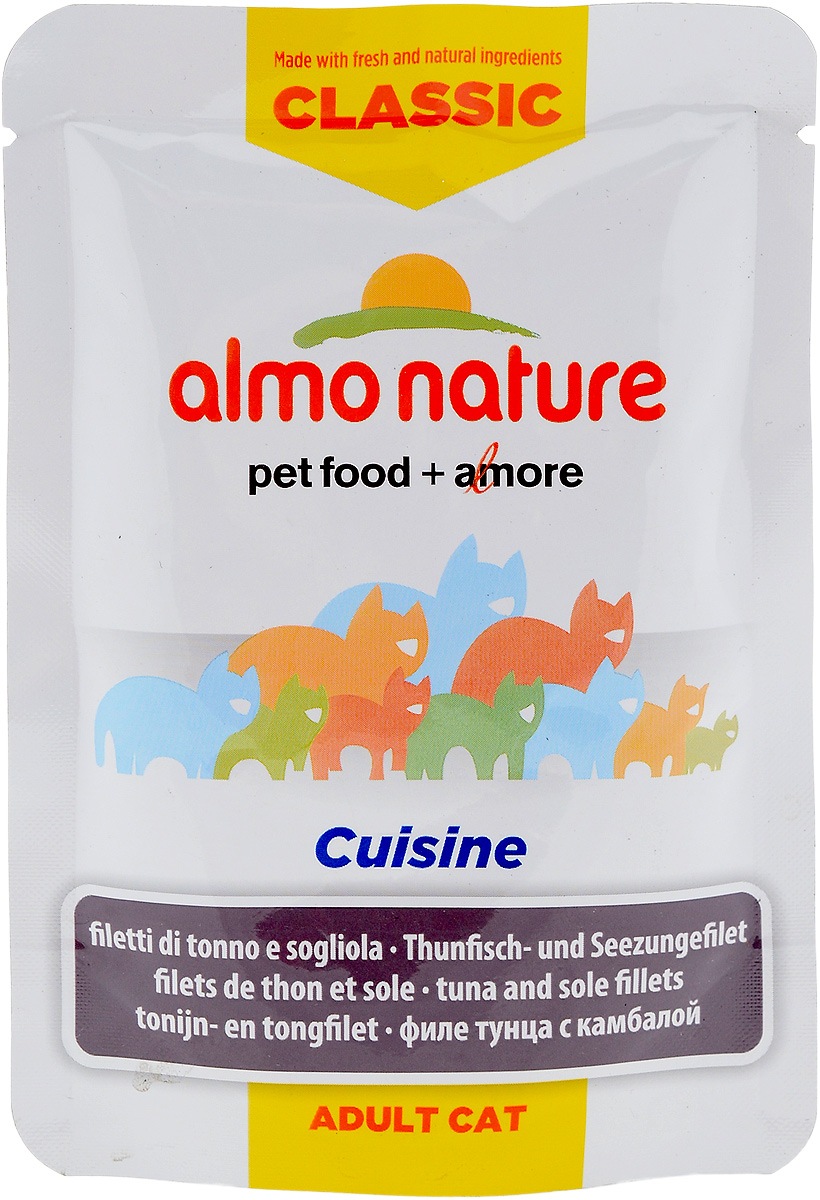Консервы для взрослых кошек Almo Nature Classic Cuisine, филе тунца с камбалой, 55 г0120710 Консервы для взрослых кошек Almo Nature Classic Cuisine, филе тунца с камбалой, 55 г0120710Консервы для взрослых кошек Almo Nature Classic Cuisine - дополнительное питание для кошек, которое изготавливается из свежих натуральных ингредиентов, чтобы предложить вашей кошке самое лучшее питание. Обогащены витаминами и минералами. Состав: филе тунца 40%, бульон из тунца, камбала 5,5%, рис. Добавки: витамин А 1325 МЕ/кг, витамин Е 15 мг/кг, таурин 160 мг/кг, камедь кассии 5250 мг/кг. Гарантированный анализ: белки 12%, клетчатка 1%, жиры 0,3%, зола 3%, влага 85%. Энергетическая ценность: 440 ккал/кг. Товар сертифицирован.
