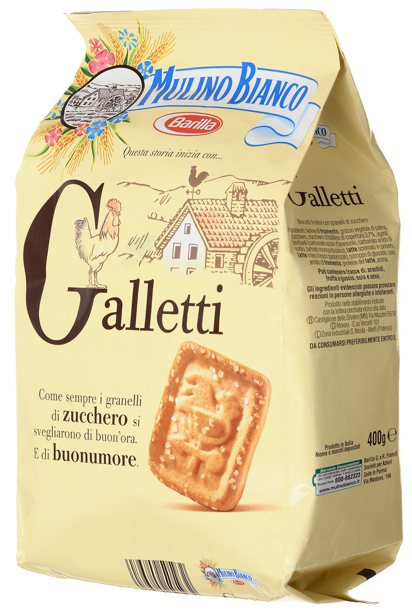 Mulino Bianco Galletti печенье песочное, 400 г0120710 Mulino Bianco Galletti печенье песочное, 400 г0120710Mulino Bianco Galletti - удивительно вкусное, натуральное песочное печенье с сахарными кристаллами, приготовленное на основе итальянского домашнего рецепта. Отлично подойдет в качестве десерта на каждый день.