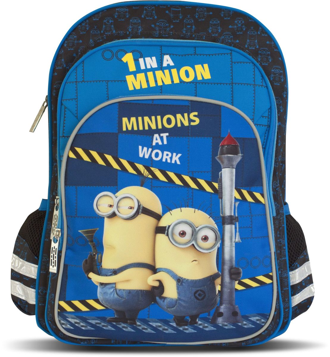 Universal Рюкзак детский Minions at Work72523WD Universal Рюкзак детский Minions at Work72523WDСтильный детский рюкзак Universal Minions at Work сочетает в себе современный дизайн, функциональность и долговечность. Рюкзак выполнен из плотного материала и оформлен изображением в виде героев мультфильма Миньоны.Рюкзак имеет два основных отделения на застежках-молниях. В наибольшем отделении расположена мягкая перегородка, фиксирующаяся хлястиком на липучке. В другом отделении карманов нет. Дно рюкзака можно сделать жестким, разложив специальную панель с пластиковой вставкой, что повышает сохранность содержимого рюкзака и способствует правильному распределению нагрузки.На лицевой стороне рюкзака располагается накладной карман на молнии, внутри которого находятся два открытых кармашка и два отделения для канцелярских принадлежностей.По бокам изделия расположены два кармана. Рюкзак оснащен ручкой с резиновой насадкой для удобной переноски.Конструкция спинки дополнена эргономичными подушечками, противоскользящей сеточкой и системой вентиляции для предотвращения запотевания спины ребенка. Мягкие анатомические лямки позволяют легко и быстро отрегулировать рюкзак в соответствии с ростом. Светоотражающие вставки повышают безопасность ребенка в темное время суток.Этот рюкзак можно использовать для повседневных прогулок, учебы, отдыха и спорта, а также как элемент вашего имиджа.Вес рюкзака без наполнения: 720 г.Рекомендуемый возраст: от 6 лет.