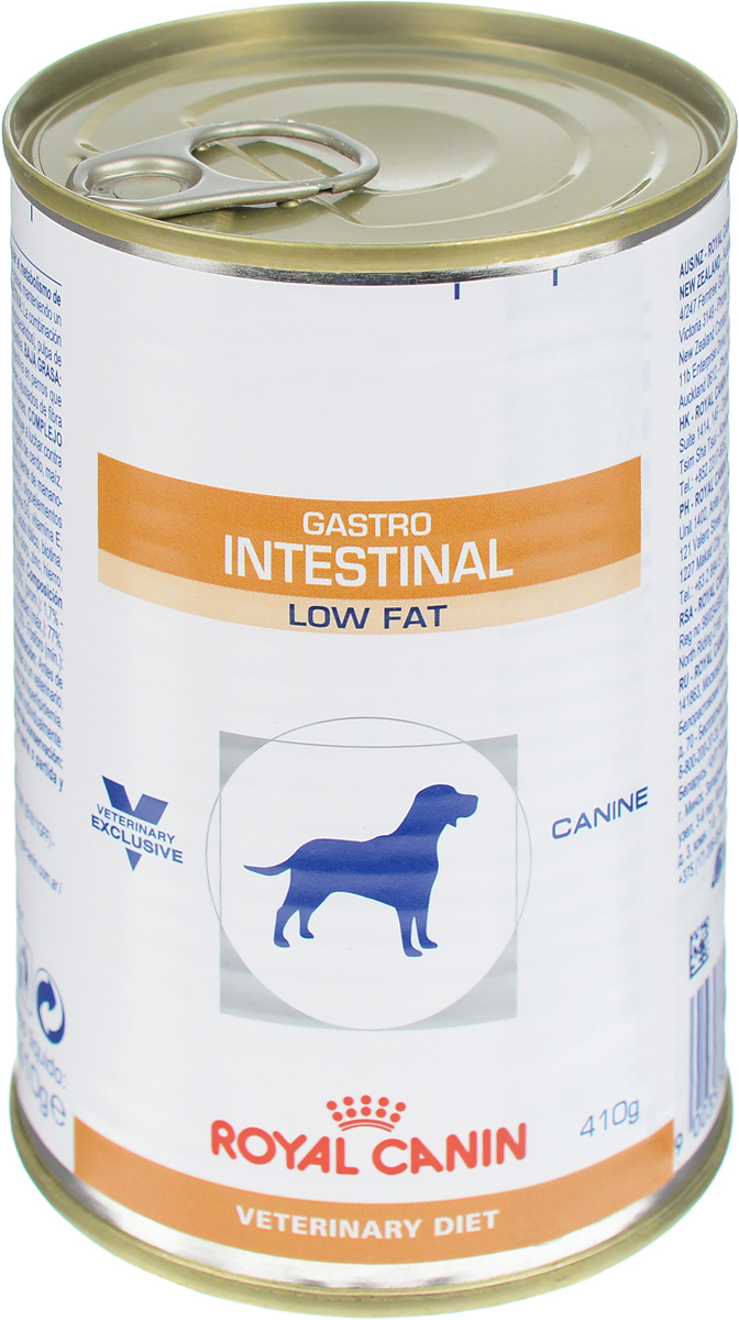 Консервы для собак Royal Canin Gastro Intestinal Low Fat, при нарушении пищеварения, c пониженным содержанием жира, 410 г0120710 Консервы для собак Royal Canin Gastro Intestinal Low Fat, при нарушении пищеварения, c пониженным содержанием жира, 410 г0120710Royal Canin Gastro Intestinal Low Fat - это полнорационный диетический корм для собак, способствующий регуляции метаболизма липидов при гиперлипидемии. Этот продукт содержит малое количество жиров и высокий уровень основных жирных кислот. Показания к применению:- острая и хроническая диарея;- гиперлипидемия;- острый панкреатит (в том числе перенесенный ранее);- пролиферация бактерий в тонком кишечнике;- лимфангиэктазия – экссудативная энтеропатия;- экзокринная недостаточность поджелудочной железы. Противопоказания:- беременность и лактация. Длительность применения диеты варьируется в зависимости от тяжести симптомов нарушения пищеварения. Для оптимальной работы пищеварительной системы необходимо соблюдение суточного рациона и увеличение его кратности кормлений в день. Сочетание высококачественных белков с высокой степенью усвояемости, пребиотиков (фруктоолигосахариды и маннановые олигосахариды), свекольного жома, риса и рыбьего жира обеспечивает максимальную безопасность пищеварения. Низкая концентрация жиров в диете улучшает пищеварительную функцию у собак, страдающих гиперлипидемией или острым панкреатитом. Невысокое содержание растворимой клетчатки снижает чрезмерную ферментацию в толстом отделе кишечника. Низкое содержание нерастворимой клетчатки помогает избежать энергетических затрат на ее переваривание, а также свести к минимуму потерю вкусовой привлекательности диеты. Комплекс антиоксидантов синергичного действия снижает уровень окислительного стресса и борется со свободными радикалами. Состав: мясо и мясные субпродукты, злаки, субпродукты растительного происхождения, минеральные вещества, масла и жиры, дрожжи.Добавки (на 1 кг): витамин D3: 200 МЕ, железо: 8 мг, йод: 0.15 мг, марганец: 2.5 мг, цинк: 24 мг.Энергетическая ценность: 997 ккал. Вес: 410 г. Товар сертифицирован.