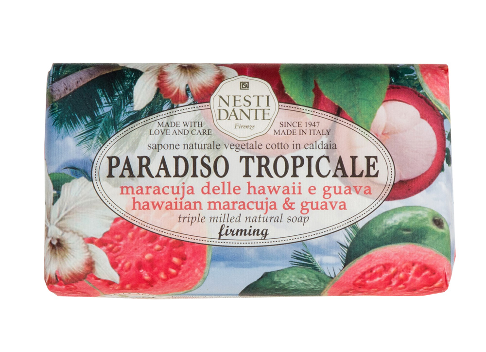 Nesti Dante Мыло Paradiso Tropicale. Гуава и маракуйя, 250 гMP59.4D Nesti Dante Мыло Paradiso Tropicale. Гуава и маракуйя, 250 гMP59.4DНатуральное растительное мыло Nesti Dante Paradiso Tropicale изготовлено по старинным рецептам и по традиционной котловой технологии, в составе мыла только натуральные оливковое и пальмовое масло высочайшего качества, для ароматизации использованы органические эфирные масла. Ежедневный ритуал красоты, любви и заботы не только для тела, но и для души.Сочный аромат мыла “Гуава и маракуйя” закружит в вихре ярких эмоций и обеспечит хорошее настроение в течение всего дня. Эффект: укрепление кожи. Изысканная флорентийская бумага, в которую завернуто мыло, расписана акварелью, на каждом кусочке мыла выгравирована надпись With Love And Care (С любовью и заботой).Товар сертифицирован.