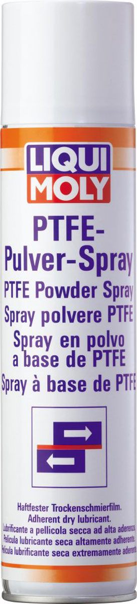 Спрей тефлоновый Liqui Moly PTFE-Pulver-Spray, 0,4 лS03301004 Спрей тефлоновый Liqui Moly PTFE-Pulver-Spray, 0,4 лS03301004Смазка Liqui Moly PTFE-Pulver-Spray, образующая сухой прозрачный слой на трущихся поверхностях на основе ПТФЭ (политетрафторэтилена). Предназначена для смазывания контактных зон, где необходима нелипкая смазка и невозможно использование масляных или силиконовых смазок. Отлично подходит для смазывания уплотнителей стекол автомобилей. Отлично подходит для дверных замков, где белая смазка не подходит по цвету кузова. Смазка также предназначена для использования в качестве разделяющего слоя на пресс-формах при производстве пластиков/каучуков.Особенности: Не содержит масел, жиров и силикона - нейтральна к чувствительным пластикам и резине.Обладает высокой химической устойчивостью.Высокая адгезия слоя смазки.Прочен при высокой температуре.Устраняет впитывание.Подходит для ухода, зашиты и изоляции.Основа: ПТФЭ.Товар сертифицирован.