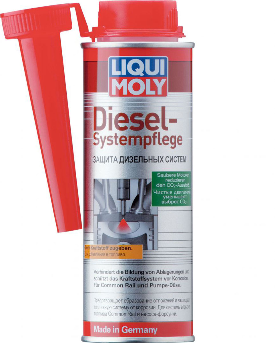 Защита дизельных систем Liqui Moly Diesel Systempflege, 0,25 л790009 Защита дизельных систем Liqui Moly Diesel Systempflege, 0,25 л790009Средство Liqui Moly Diesel Systempflege предназначено для усиленной защиты топливных систем дизельных автомобилей от коррозии, износа и отложений. Особенно эффективно при использовании в очищенной топливной системе. Максимально эффективно борется с попаданием воды в топливную систему. Оптимально при использовании в системах Common-Rail. За счет специальных компонентов нивелирует низкие смазывающие свойства низкосернистого топлива (Euro стандарта). Средство рекомендовано для использования компанией Kia Motors.Особенности:Обеспечивает усиленную защиту и предохраняет от отложений в топливной системе и местах сгорания топлива.Защищает и одержит в чистоте форсунки, способствуя улучшению сгорания топлива и таким образом уменьшая количество потребляемого топлива.Содержит антиоксидант и предохраняет от коррозии.Годится для всех современных дизельнооксидных катализаторов.Содержит смазывающие компоненты, нивелирующие низкий уровень содержания серы в топливе и, соответственно, недостаточное смазывание системы.Товар сертифицирован.