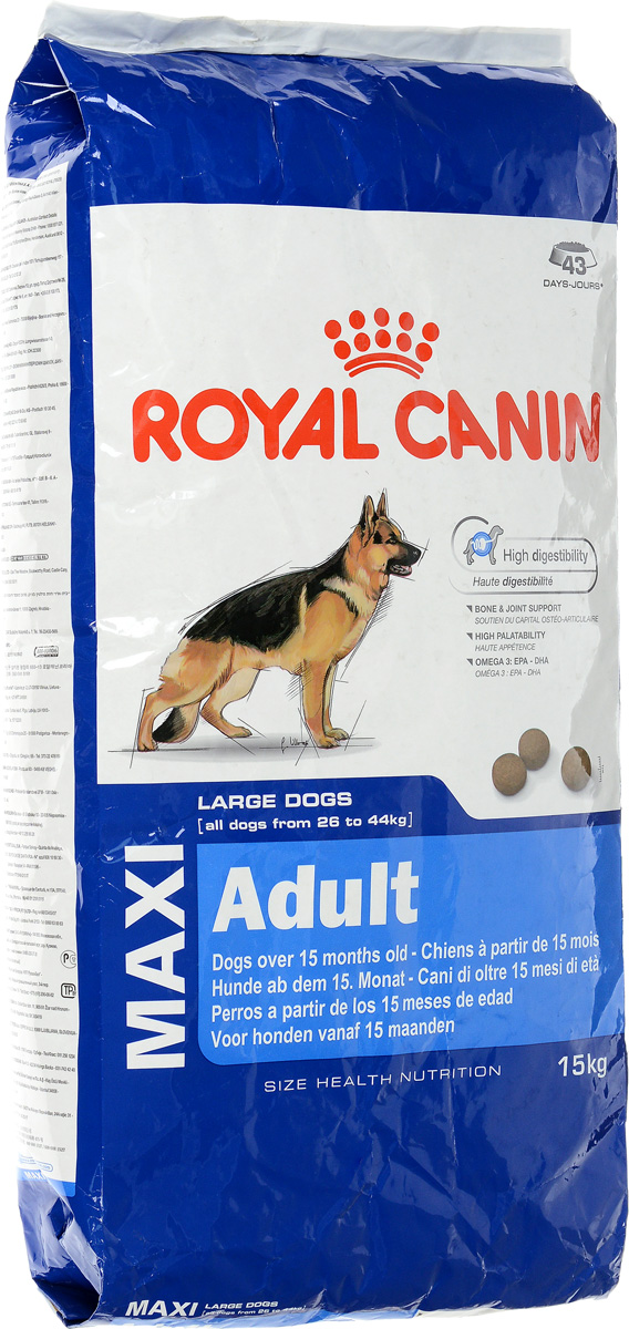Корм сухой Royal Canin Maxi Adult, для собак весом от 26 до 44 кг в возрасте от 15 месяцев до 5 лет, 15 кг0120710 Корм сухой Royal Canin Maxi Adult, для собак весом от 26 до 44 кг в возрасте от 15 месяцев до 5 лет, 15 кг0120710Полнорационный сухой корм Royal Canin Maxi Adult предназначен для взрослых собак крупных размеров (вес собаки от 26 до 44 кг) в возрасте от 15 месяцев до 5 лет. Корм способствует оптимальному перевариванию пищи благодаря эксклюзивной рецептуре с очень высоким содержанием белков и сбалансированным количеством пищевых волокон. Поддерживает кости и суставы собак крупных пород при повышенных нагрузках. Вызывает хороший аппетит у собак крупных пород благодаря тщательно подобранным натуральным вкусам и ароматам. Рацион обогащен жирными кислотами Омега-3 (EPA-DHA) для сохранения здоровой кожи.Состав: кукуруза, дегидратированные белки животного происхождения (птица), кукурузная мука, животные жиры, дегидратированные белки животного происхождения (свинина), гидролизат белков животного происхождения, свекольный жом, кукурузная клейковина, минеральные вещества, рыбий жир, соевое масло, дрожжи, гидролизат из панциря ракообразных (источник глюкозамина), гидролизат из хряща (источник хондроитина).Добавки (в 1 кг): витамин A 15500 ME, витамин D3 1000 ME, железо 37 мг, йод 3,7 мг, марганец 48 мг, цинк 145 мг, сeлeн 0,06 мг. Технологические добавки: клиноптилолит осадочного происхождения 5 г, сорбат калия, пропилгаллат, БГА.Содержание питательных веществ: белки 26%, жиры 17%, минеральные вещества 6,5% - клетчатка пищевая 1,2% в 1 кг. Жирные кислоты Омега 3 7,7 г, в том числе жирные кислоты EPA и DHA 4 г, медь 15 мг.Товар сертифицирован.