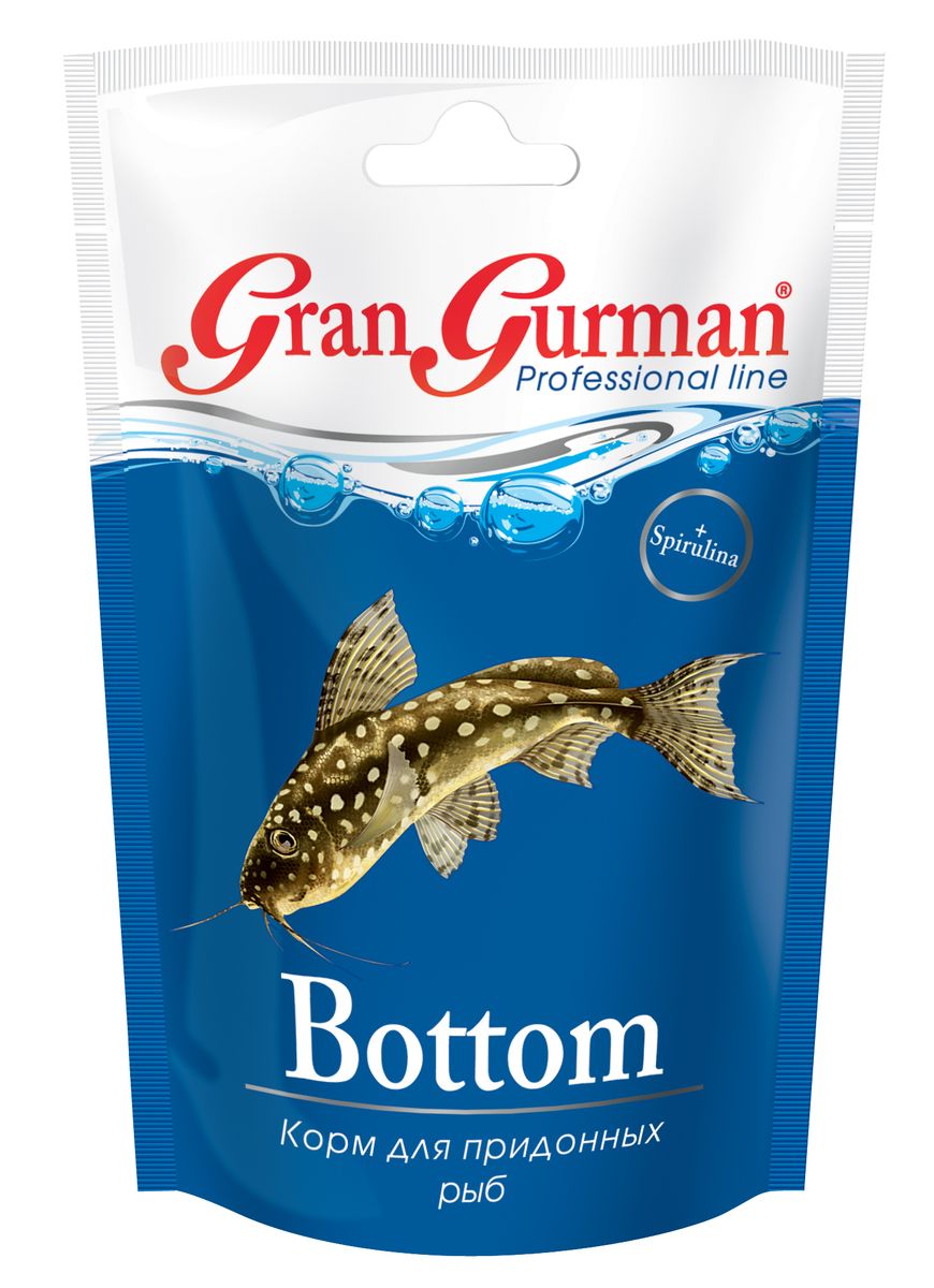 Корм для придонных рыб Gran Gurman Bottom, 25 г0120710 Корм для придонных рыб Gran Gurman Bottom, 25 г0120710Профессиональный корм высшего качества. Полнорационный гранулированный корм (тонущие чипсоподобные гранулы) для ежедневного кормления сомов и других придонных рыб. Содержит легко и полностью усваиваемые белки с необходимыми рыбкам незаменимыми аминокислотами, ненасыщенные жирные кислоты, жизненно важные витамины и минеральные вещества, которые обеспечат рыбкам крепкое здоровье. Входящие в состав корма пробиотик и энтеросорбент способствуют правильному пищеварению, а спирулина – нормальному обмену веществ и высокой сопротивляемости болезням.Применение уникальной технологии гарантирует обеззараживание корма и сохранение важнейших пищевых свойств исходных компонентов.Состав: пшеничная мука, кукурузная мука, соевый белок, смесь трав, пророщенные семена злаковых и бобовых культур, мелкие ракообразные, рыбные продукты, спирулина, пивные дрожжи, морские водоросли, лецитин, целлюлоза (древесные волокна), рыбий жир, витаминный комплекс, энтеросорбент, пробиотик (специальные бактерии Субтилис), витамин Е в качестве антиоксиданта.