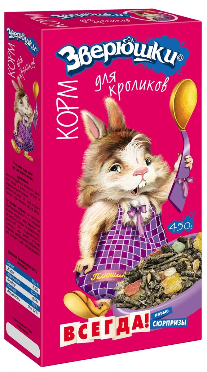 Корм для кроликов Зверюшки, 450 г0120710 Корм для кроликов Зверюшки, 450 г0120710В корме Зверюшки есть все, что нужно для здоровой и активной жизни кролика: травяные гранулы, полезные и питательные семена, плющеный горох, ячменные и кукурузные хлопья, хрустящие лакомства, вкусные овощи, фрукты и зелень, минеральные вещества и витамины. Корм обеспечит полноценную, здоровую и активную жизнь любимому питомцу.Внутри каждой коробки с кормом Зверюшки находится красочная наклейка. Собирай наклейки, участвуй в творческих заданиях и получай призы!Состав: гранулы, содержащие травяную муку, семена злаковых культур, овощи, витаминно-минеральный комплекс, пшеница, ячмень, хлопья ячменные, хлопья кукурузные, морковь, сушеные бананы, плоды рожкового дерева, сушеный корень пастернака, стебли укропа. Товар сертифицирован.