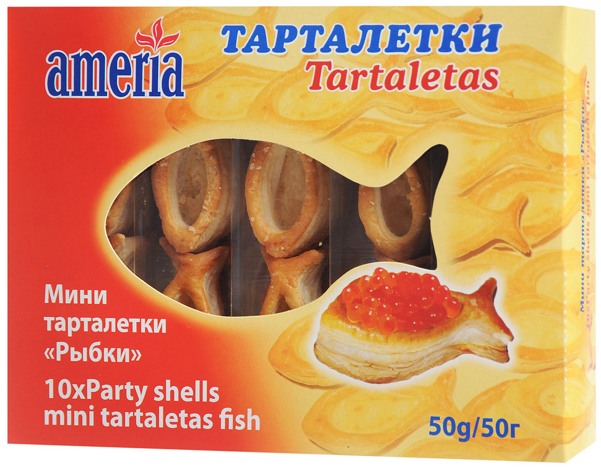 Ameria Party Shells Рыбки мини тарталетки, 50 г0120710 Ameria Party Shells Рыбки мини тарталетки, 50 г0120710Мини тарталетки Ameria Party Shells отлично подойдут для приготовления различного рода рыбных закусок к застолью и праздникам. Исходя из вашего вкуса, их можно наполнить самым широким спектром ингредиентов. В одной упаковке содержится 10 тарталеток.