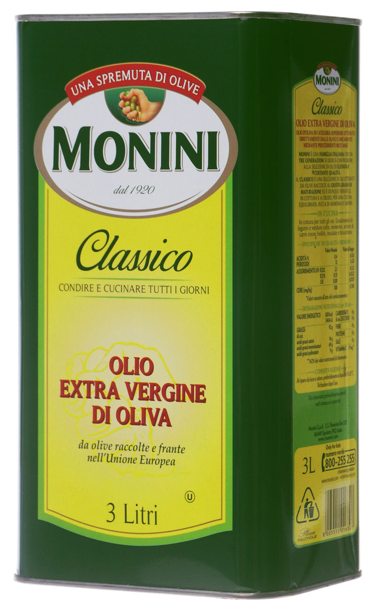 Monini Extra Virgin масло оливковое, 3 л0.0103.0102 Monini Extra Virgin масло оливковое, 3 л0.0103.0102Monini Extra Virgin - превосходное нерафинированное оливковое масло первого холодного отжима. Оливки для масел Monini Extra Virgin бережно собираются и перерабатываются строго в течение суток только механическим способом, чтобы сохранить все полезные свойства этих ягод. Натуральный сок оливок проходит только фильтрацию перед тем, как быть разлитым в бутылки.