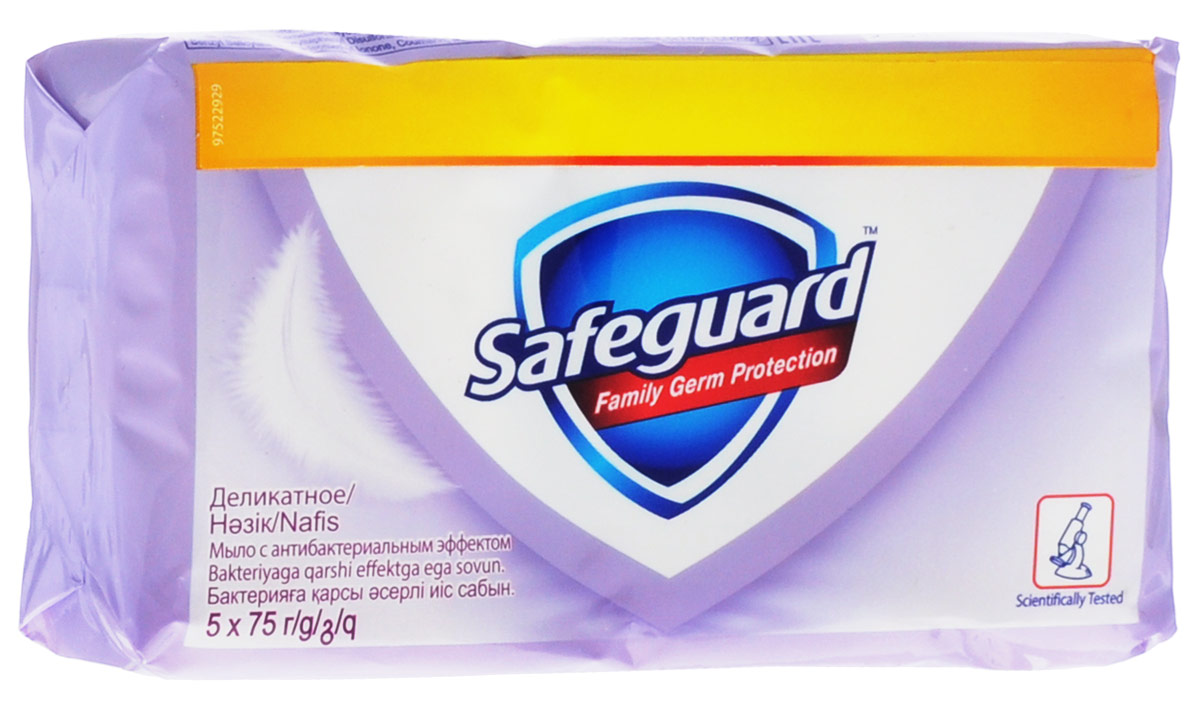 Safeguard Антибактериальное мыло Деликатное, 5 х 75 гMP59.3D Safeguard Антибактериальное мыло Деликатное, 5 х 75 гMP59.3DМыло Safeguard на 100% рекомендовано специалистами по всему миру! Антибактериальное мыло Safeguard Деликатное в экономичной упаковке 5 шт по 75г. уничтожает до 99,9% всех известных болезнетворных бактерий и ухаживает за кожей рук:• поверхностно активные вещества эффективно удаляют все виды микробов в момент смывания• антибактериальный комплекс обеспечивает защиту от самых опасных граммоположительных бактерии (Стрептококк, Стафилококк) до 12 часов после смывания• смягчающие компоненты оказывают успокаивающее воздействие на кожу рук, и ваши руки сияют здоровьемЭто мыло - просто находка! Отличная защита от микробов, не вызывает раздражения, пользуемся всей семьей
