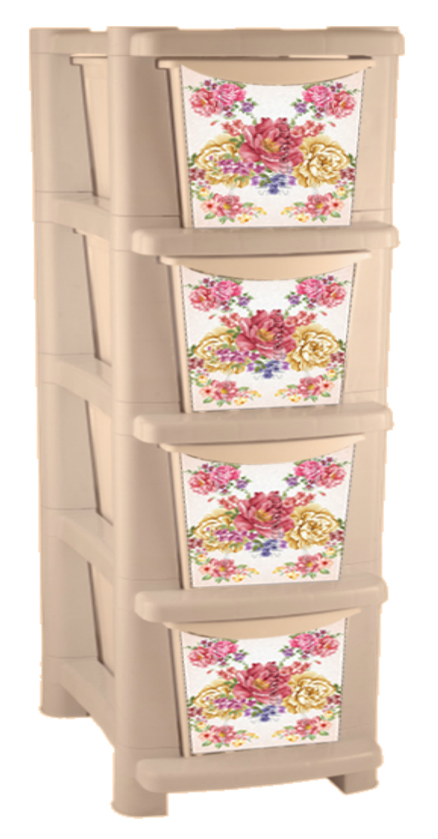 Комод BranQ Deco, 4 секции. BQ3787КЛTHN132N Комод BranQ Deco, 4 секции. BQ3787КЛTHN132NКомод BranQ Deco изготовлен из высококачественного пластика. Ящики изделия декорированы цветочным принтом. Комод предназначен для хранения различных вещей и состоит из четырех вместительных выдвижных секций. Такой комод надежно защитит вещи от загрязнений, пыли и моли, а также позволит вам хранить их компактно и с удобством. Стильный дизайн комода дополнит интерьер комнаты.Размер комода в собранном виде: 410 х 335 х 863 мм.