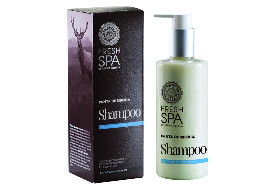 Fresh Spa Шампунь укрепляющий Panta De Siberika, 300 млFS-00897 Fresh Spa Шампунь укрепляющий Panta De Siberika, 300 млFS-00897Укрепляющий био-шампунь на основе уникального комплекса из натуральных компонентов бережно очищает, эффективно питает и укрепляет корни волос, препятствуя их выпадению. Придает волосам естественную силу и блеск, нормализует работу сальных желез кожи головы. Панты северного оленя содержат уникальный комплекс питательных веществ: 20 аминокислот, 25 микроэлементов,минеральные соли, сложные органические соединения, энзимы и витамины. Они легко проникают в структуру волос, питают и укрепляют корни, активизируют клеточный метаболизм, усиливают кровообращение, стимулируя рост волос. Экстракт белого сибирского мха – мощный природный антисептик, который эффективно защищает волосы от вредного воздействия окружающей среды. Органический березовый сок в составе шампуня обладает высокой био-активностью и очищающими свойствами, в нем содержится огромное количество минеральных веществ и микроэлементов, витамины С и В, фитонциды, обладающие антимикробным действием.Эффект: Потеря волос сокращается; волосы более крепкие и менее ломкие по всей длине, блестящие, послушные и здоровые.