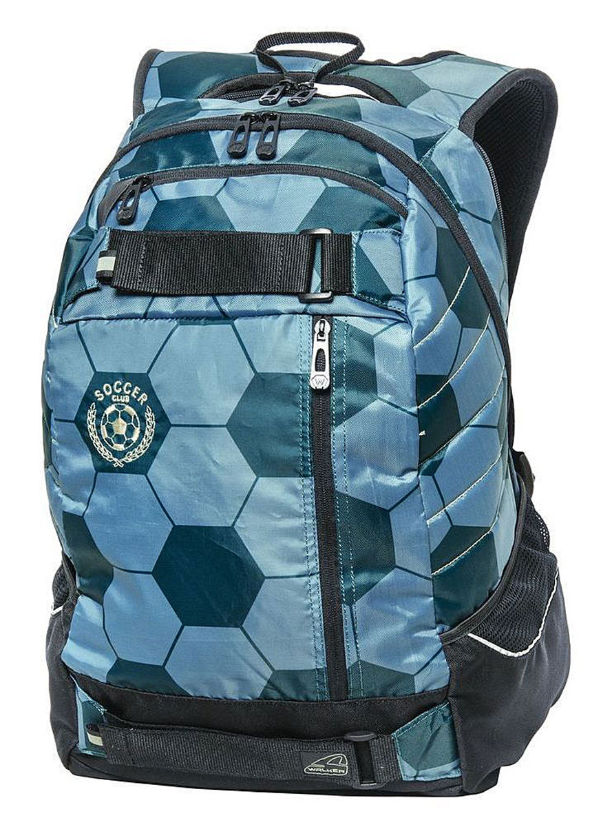 Walker Рюкзак Wingman Soccer Club Petrol72523WD Walker Рюкзак Wingman Soccer Club Petrol72523WDРюкзак Walker Wingman Soccer Club Petrol - это современный многофункциональный молодежный рюкзак, который выполнен из прочного износостойкого материала высокого качества. Рюкзак имеет два основных отделения, закрывающихся на молнии. Внутри одного отделения находится большой открытый карман на резинке. По бокам рюкзака расположены открытые накладные карманы, стянутые резинками. Лицевая часть дополнена двумя врезными карманами на молниях и двумя ремнями на липучках. Рюкзак оснащен петлей для подвешивания. На спинке рюкзака расположены два дополнительных мягких кармана на молниях. Уплотненная спинка и лямки помогают лучше распределить нагрузку и сохранить форму рюкзака независимо от его наполнения. Мягкие широкие лямки позволяют легко и быстро отрегулировать рюкзак в соответствии с ростом. Лямки дополнены грудной стяжкой на карабине.