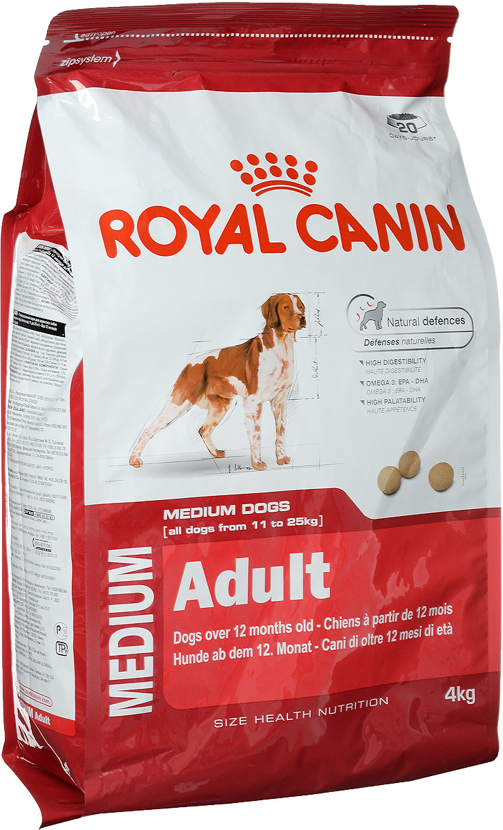 Корм сухой Royal Canin Medium Adult для взрослых собак средних пород, 4 кг0120710 Корм сухой Royal Canin Medium Adult для взрослых собак средних пород, 4 кг0120710Корм сухой Royal Canin Medium Adult - полноценный корм для взрослых собак средних размеров (весом от 11 до 25 кг) в возрасте от 12 месяцев до 7 лет. Особенности: - Естественные механизмы защитыПоддерживает естественные защитные силы организма собаки, благодаря запатентованному комплексу антиоксидантов и маннаноолигосахаридов.- Высокая усвояемость Способствует оптимальному перевариванию пищи, благодаря особой формуле с очень высоким содержанием белков и сбалансированным количеством пищевых волокон.- Жирные кислоты Омега 3: EPA - DHA Рацион обогащен жирными кислотами Омега-3 (EPA-DHA), помогающими поддерживать здоровое состояние кожи.- Высокая пищевая привлекательность Вызывает аппетит у собак средних размеров, благодаря тщательному подбору вкусов и ароматов.Состав: дегидратированные белки животного происхождения (птица), кукурузная мука, кукуруза, пшеничная мука, животные жиры, дегидратированные белки животного происхождения (свинина), пшеница, гидролизат белков животного происхождения, свекольный жом, рыбий жир, соевое масло, дрожжи, минеральные вещества, гидролизат дрожжей (источник мaннановых олигосахаридов). Добавки (в 1 кг): Витамин A 12000 ME, Витамин D3 800 ME, Железо 46 мг, Йод 4,6 мг, Марганец 60 мг, Цинк 181 мг, Ceлeн 0,12 мг.Содержание питательных веществ: белки 25%, жиры 14%, минеральные вещества 5,9%, клетчатка пищевая 1,2%, медь 15 мг/кг, маннановые олигосахариды 0,5 г/кг, жирные кислоты Омега-3 6 г/кг.Товар сертифицирован.